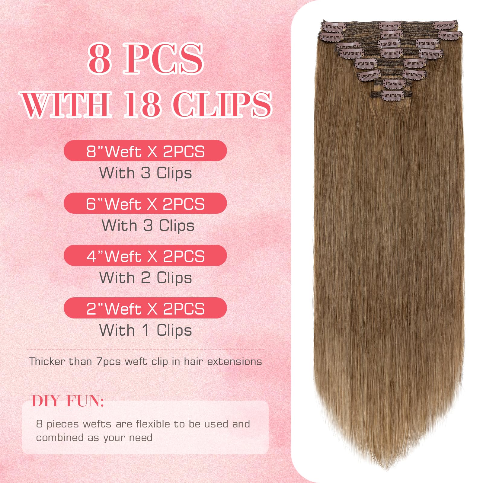 S-noilite Clip in Human Hair Extensions 24 Inch - Light Brown Remy Hair 8Pieces 170g Double Weft #6 for Volume & Length - Perfect for Parties, Weddings & Daily Styling