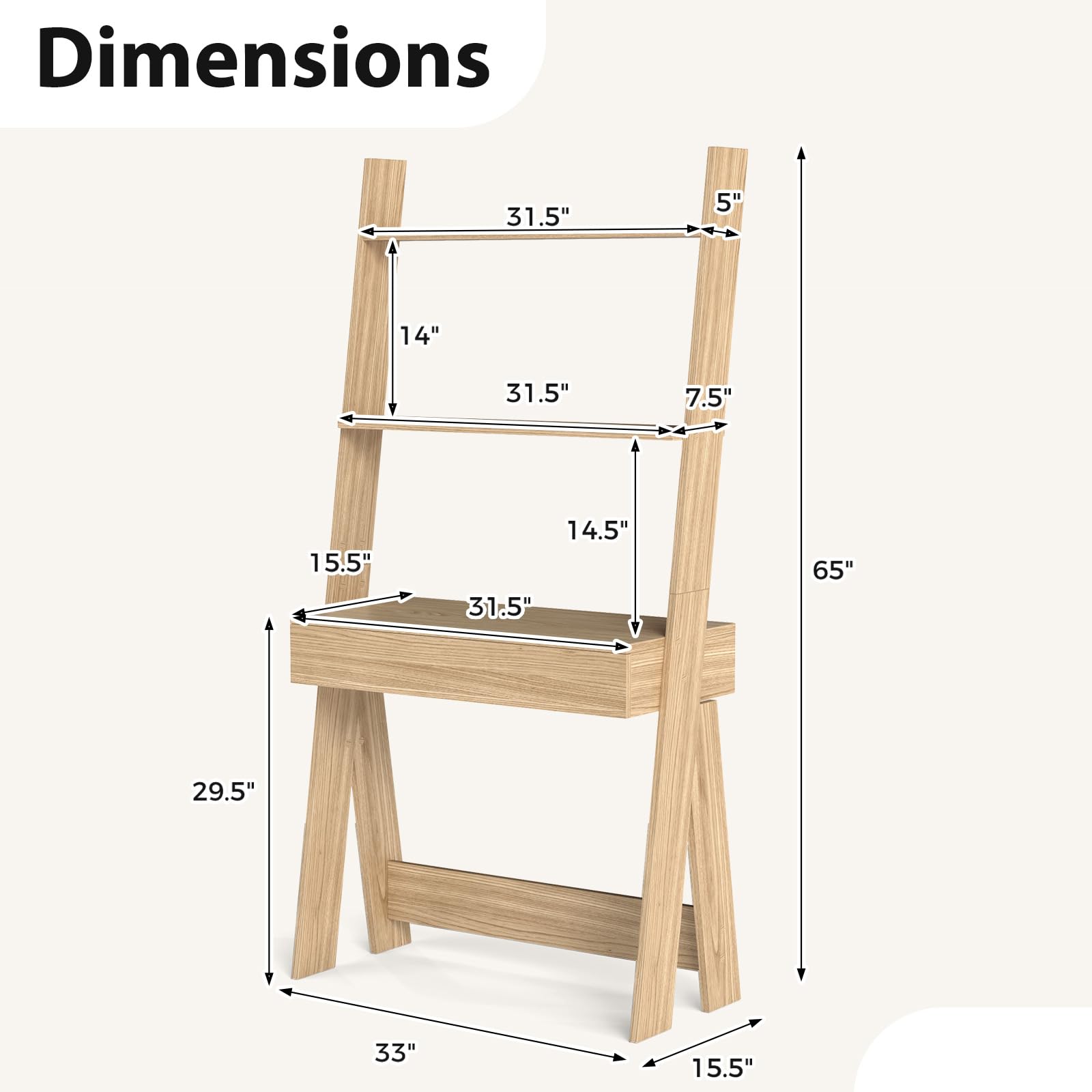 Giantex 3-Tier Ladder Desk with Drawer | 33-Inch Wide Freestanding Bookshelf with Anti-Tipping Device | Natural Wood Leaning Computer Desk with Shelves for Small Spaces | Perfect for Home Office, Dorm Room & Apartment Workspace