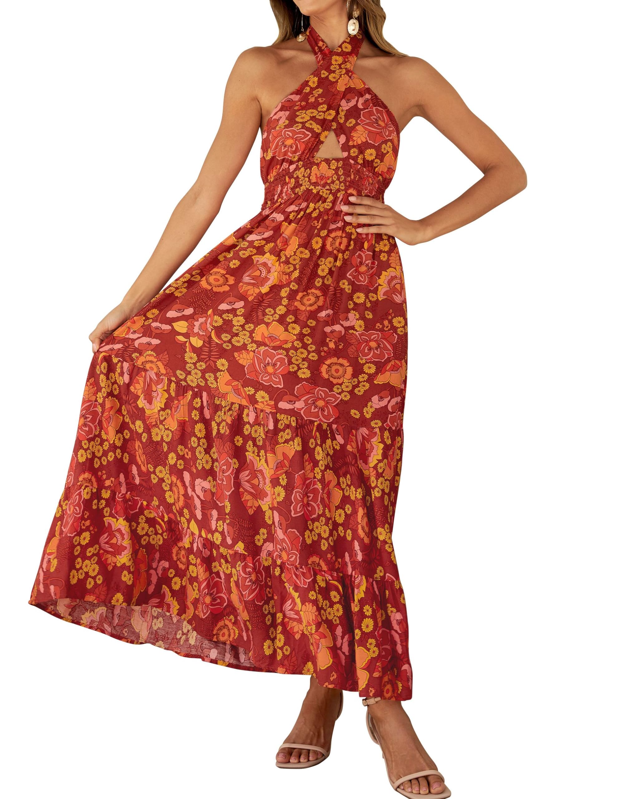 ZESICA Women's Summer 2025 Halter Neck Sleeveless Plaid Maxi Dress with Cut Out Back - Flowy A-Line Beach Wedding Party Dress for Vacation, Date Night & Special Occasions