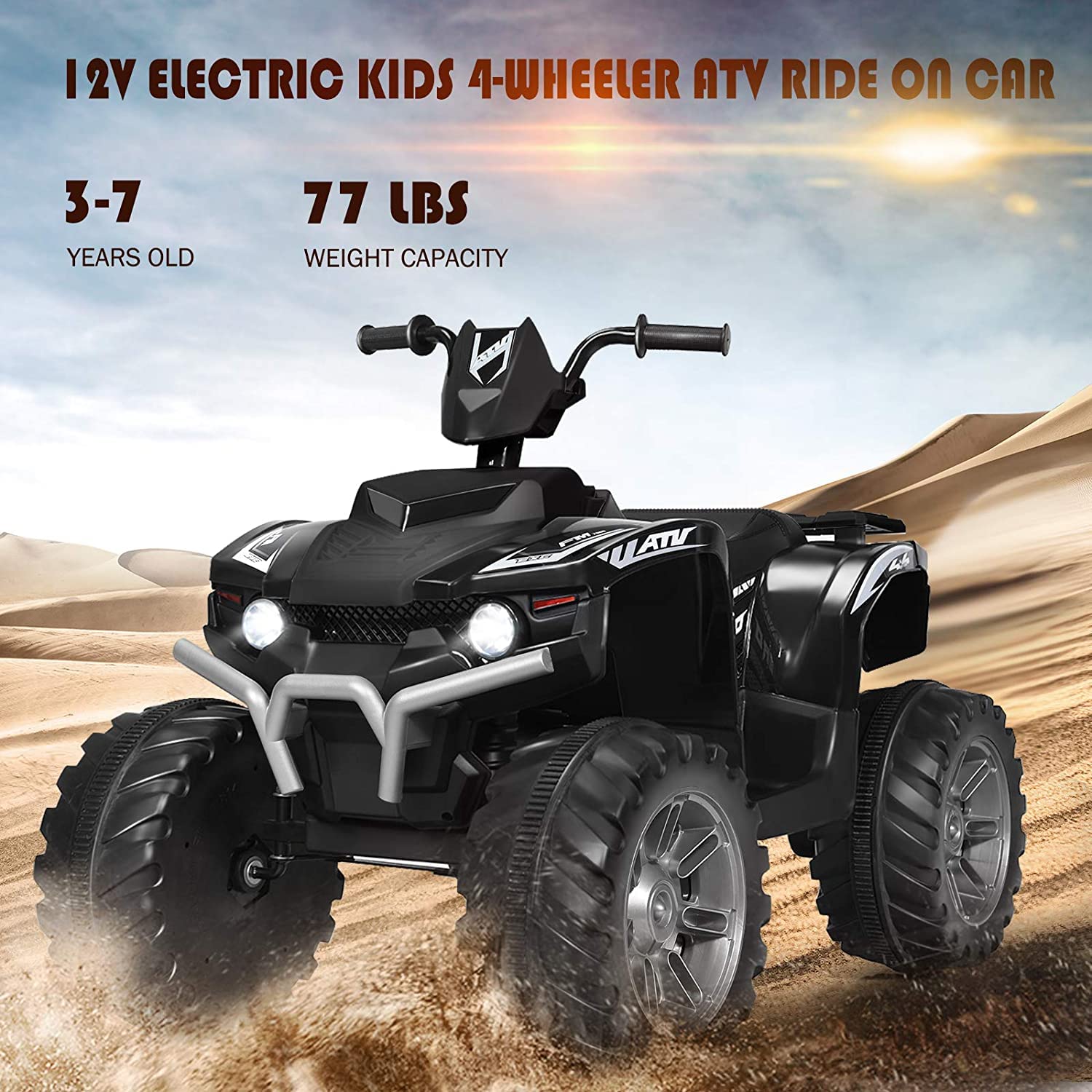 OLAKIDS 12V Kids Electric ATV Ride-On Toy Car - 4 Wheeler Battery Powered Motorized Quad for Boys & Girls with LED Lights, Music, Horn & Dual Speed - Perfect for Indoor & Outdoor Play (Black)