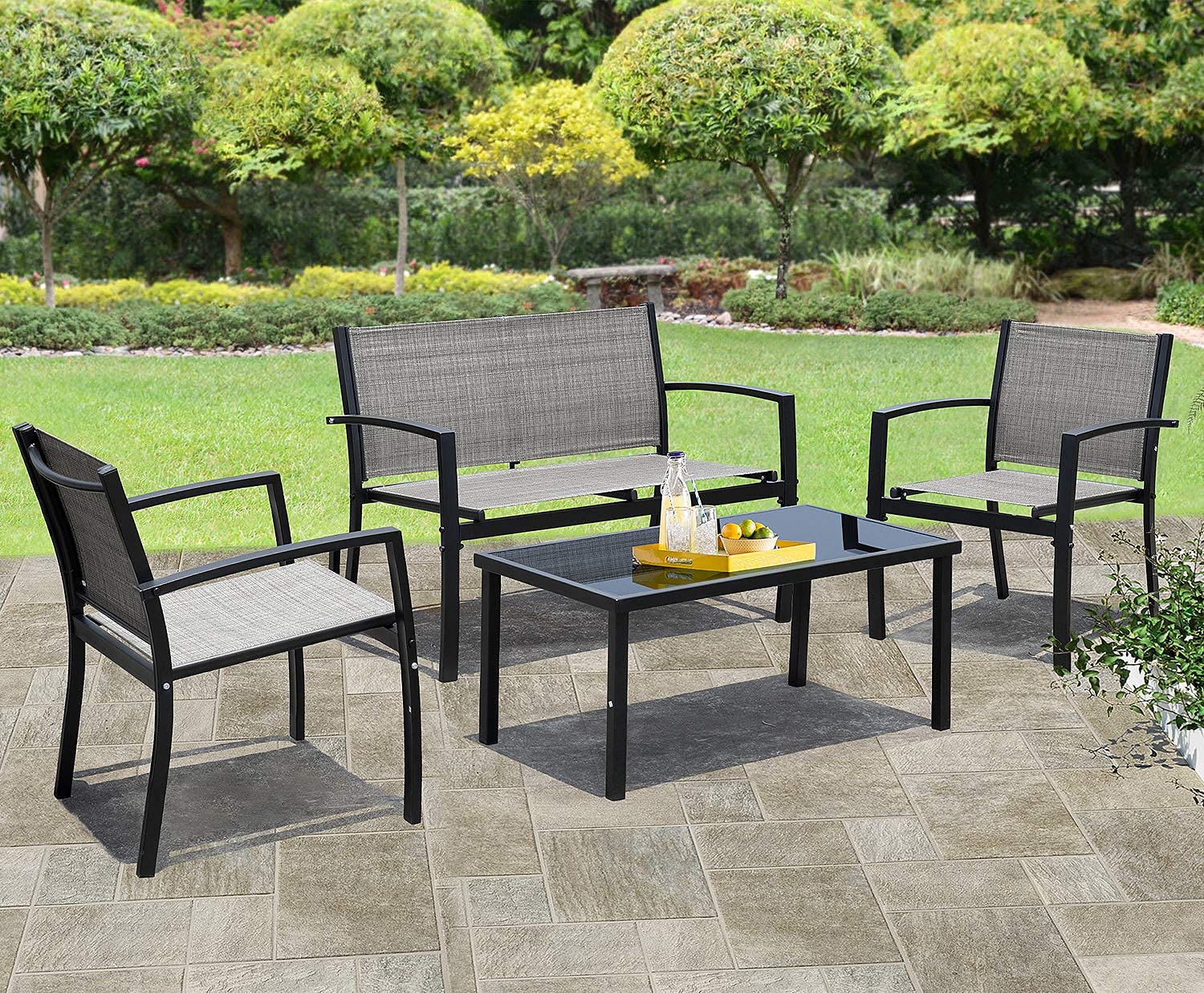 JUMMICO 4-Piece Modern Outdoor Patio Furniture Set - Grey Wicker Conversation Bistro Set with Tempered Glass Coffee Table for Garden, Porch, Lawn & Backyard | Perfect for Relaxing, Entertaining & Outdoor Dining