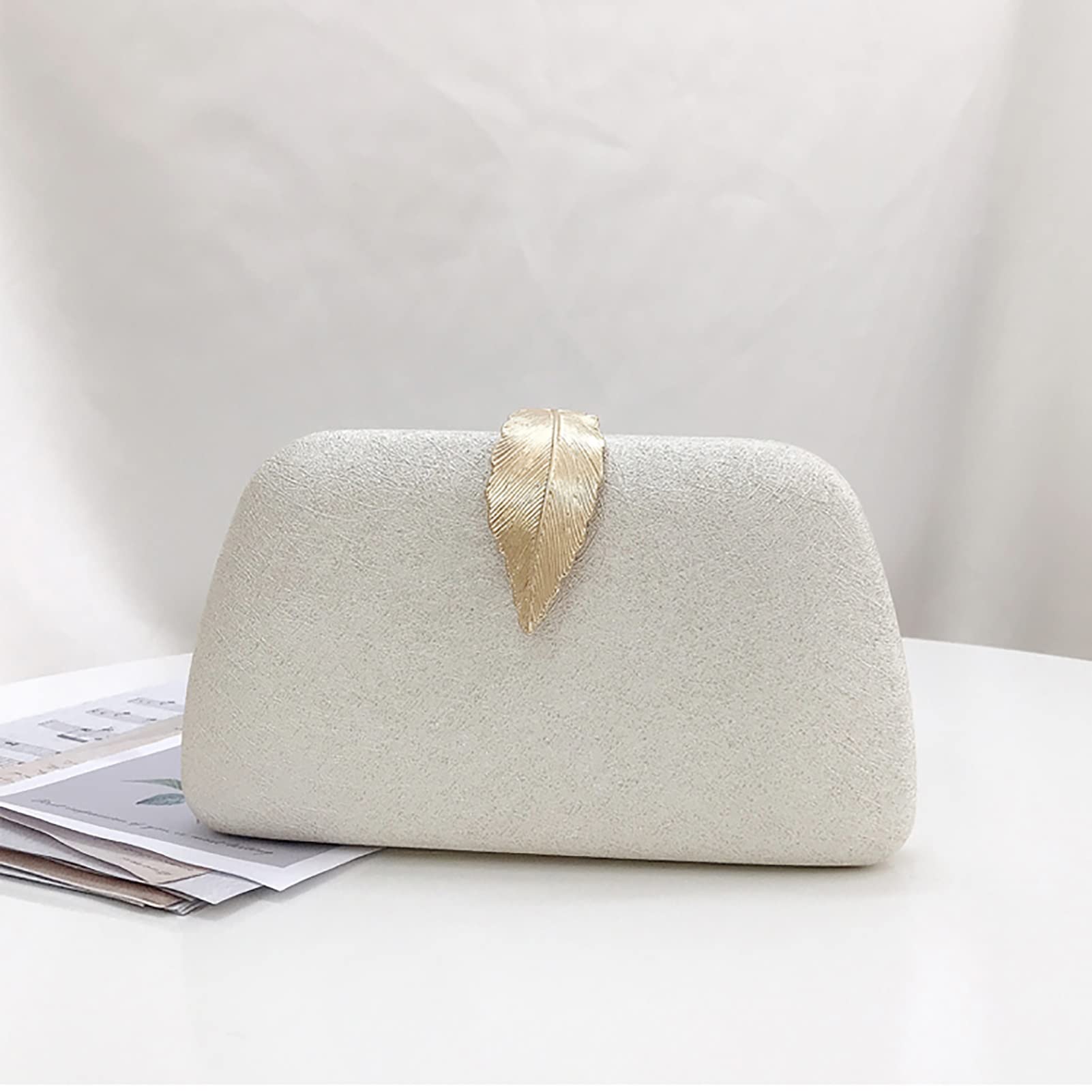 PU Leather Wristlet Clutch Purse for Women - Elegant Leaf Clasp Evening Handbag with Detachable Shoulder Chain Strap (Beige) | Perfect for Parties, Weddings & Formal Events