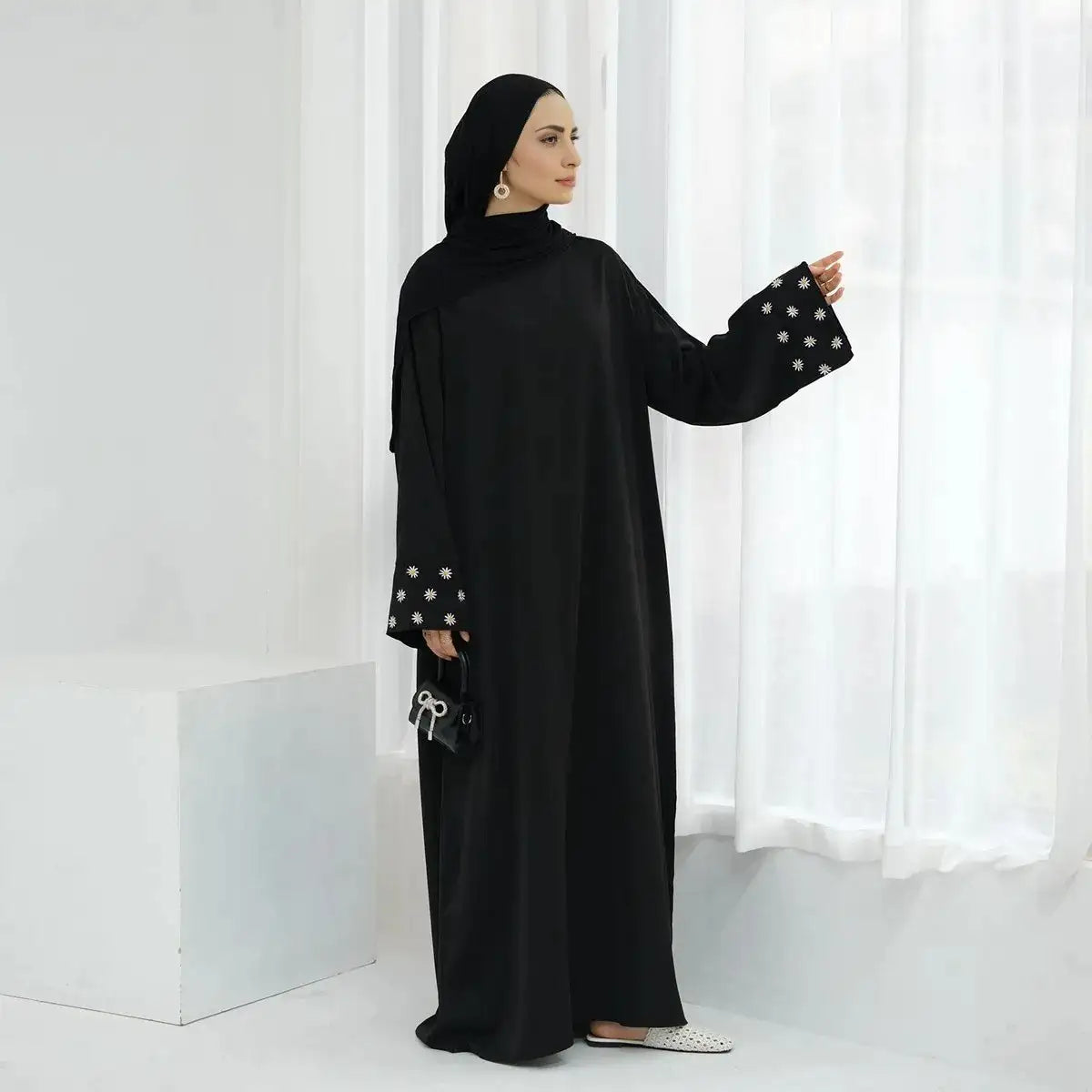 Elegant Daisy Embroidery Nida Abaya Dress for Women - Modest Islamic Fashion for Prayer, Eid, and Special Occasions