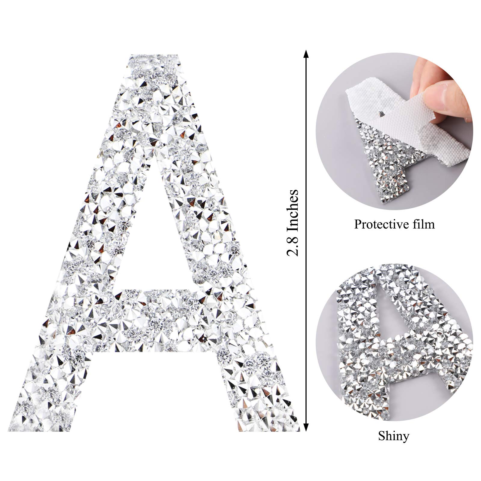 WILLBOND 26-Piece Large Silver Rhinestone Alphabet Iron-On Stickers - 2.8 Inch Glitter Crystal Letters for Clothing, Jeans, Hats, Bags - DIY Bling Decoration for Parties, Costumes & Fashion Customization