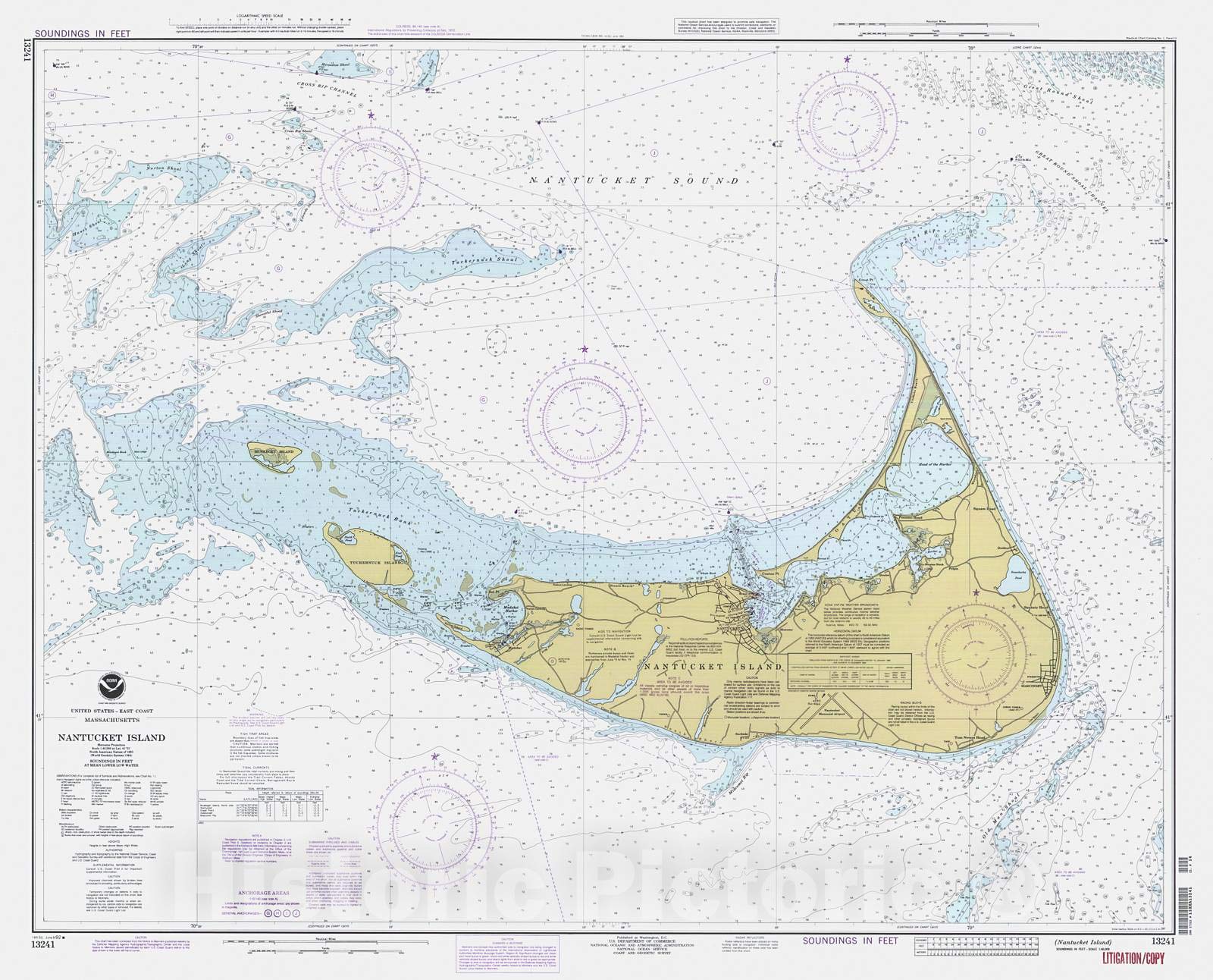 1992 Nantucket Island Vintage Nautical Map - NOAA Chart Wall Art 44x36 inches - Massachusetts Coastal Decor for Home, Office & Gifts