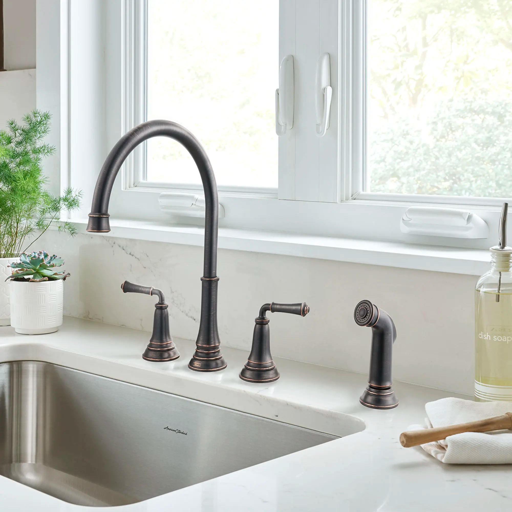 Delancey® 2-Handle Widespread Kitchen Faucet with Side Spray - 1.5 GPM/5.7 LPM - Brushed Nickel Finish - Perfect for Modern Kitchens & Easy Dishwashing