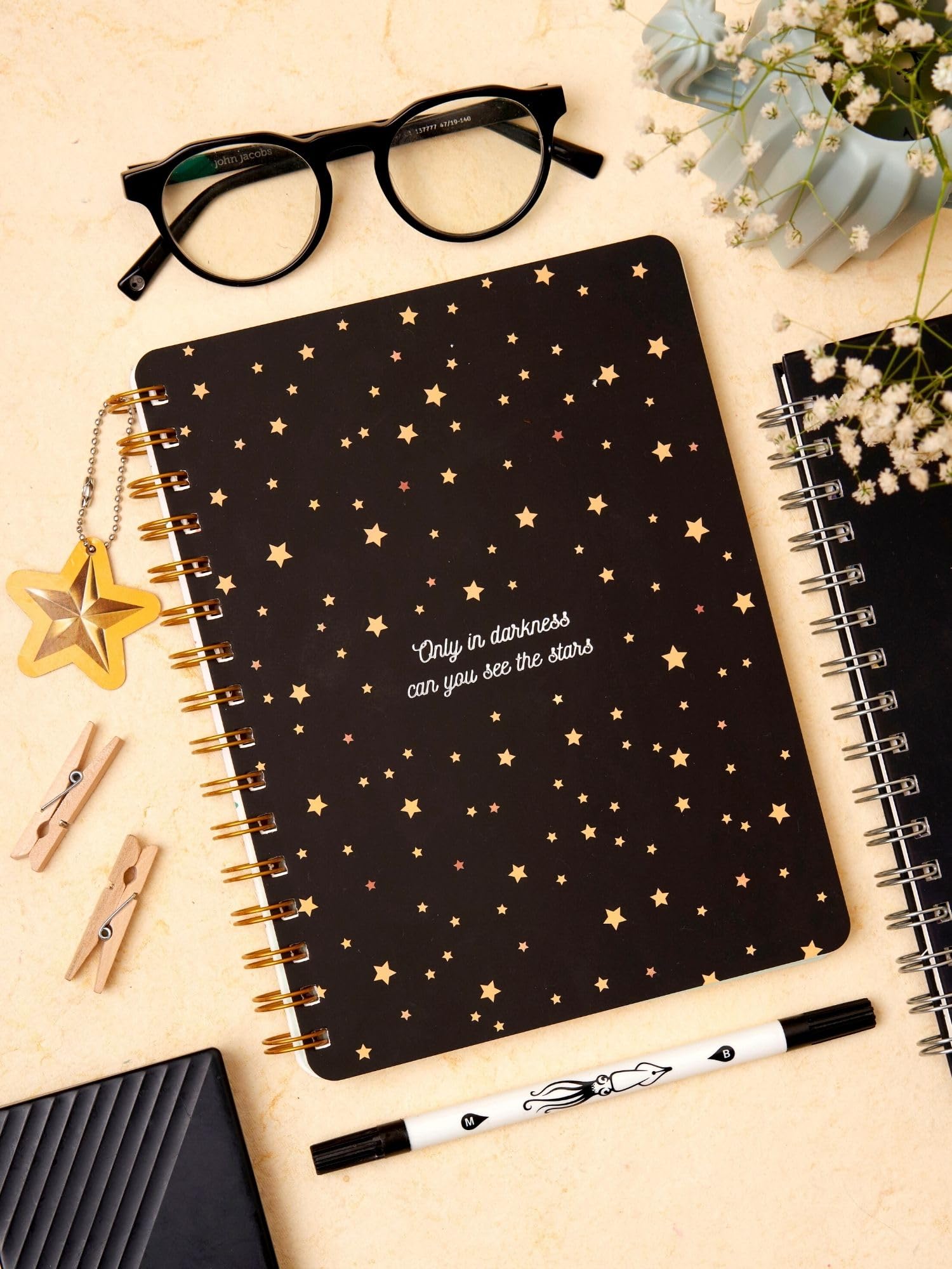 DOODLE B5 Hardbound Wiro Notebook with Theme Based Dangler - 160 Undated Ruled Pages, 80gsm Acid-Free Recyclable Paper - Flat Lay Design for Comfortable Writing - Includes 2 Twinkling Stars Sticker Sheets - Perfect for Journaling, Note Taking & Creative Planning