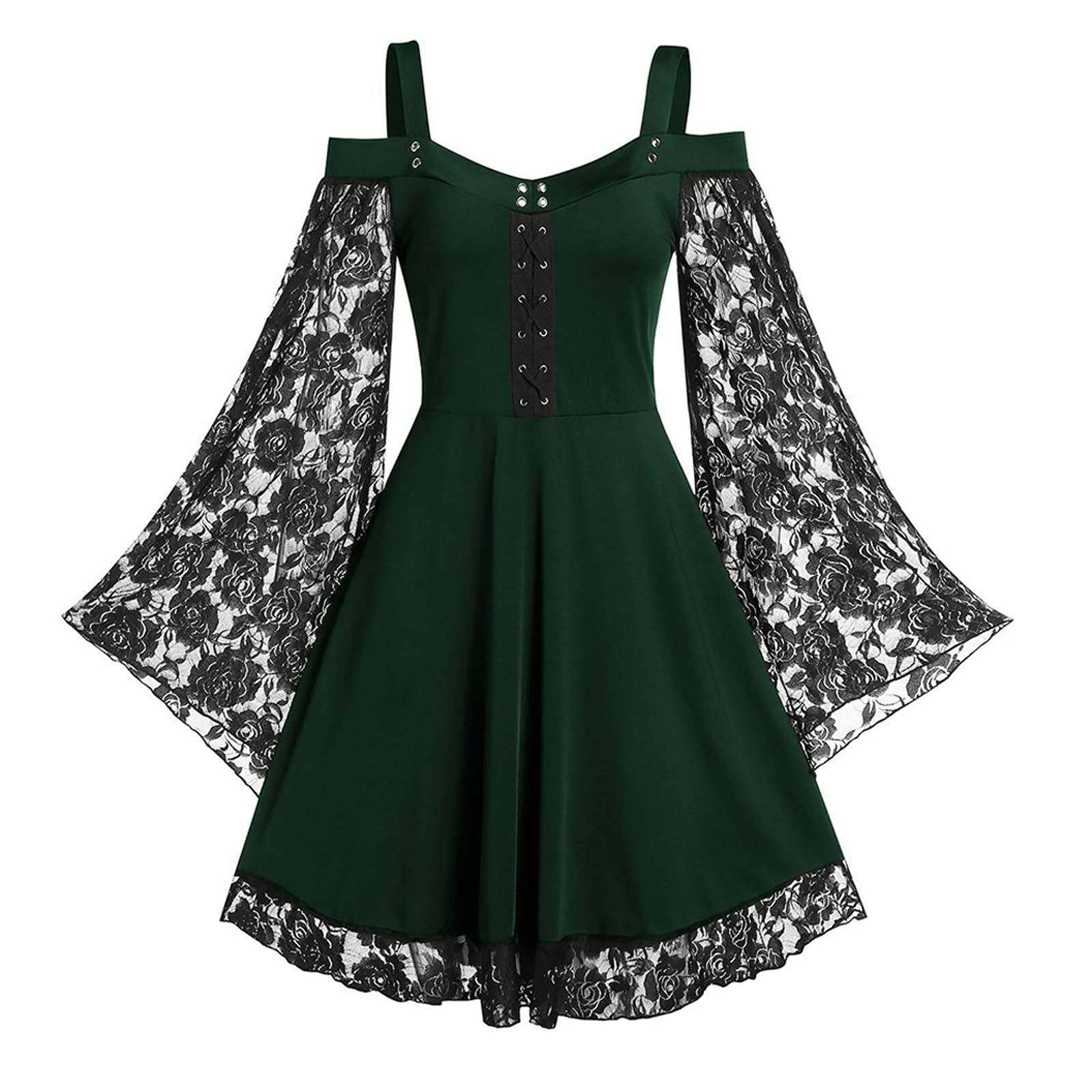 Gothic Plus Size Midi Dress for Women - Vintage Lace Sleeve Cold Shoulder Spaghetti Strap Prom Party Dress | Perfect for Halloween, Cosplay, Gothic Weddings & Alternative Fashion Events