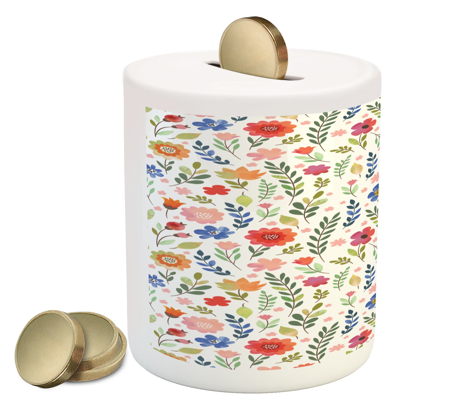 Ambesonne Ceramic Piggy Bank with Floral Watercolor Design - Shabby Chic Coin Bank for Cash Saving, Feminine Money Box with Botany Florets & Soft Tones | Perfect for Girls' Room Decor, Birthday Gifts & Home Savings Jar