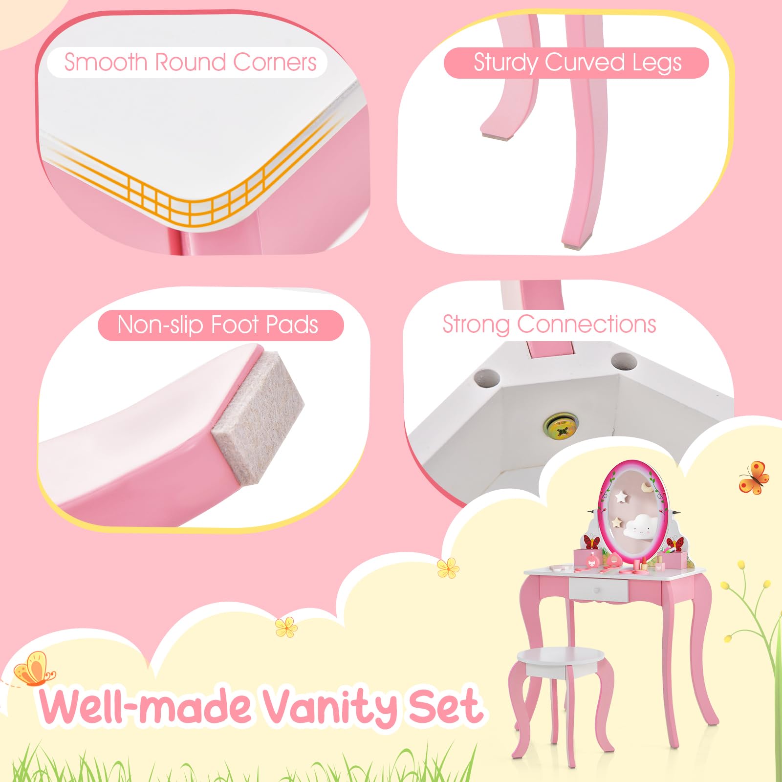 Costzon Kids Vanity Set with Mirror & Stool - 2-in-1 Toddler Makeup Dressing Table with Storage Drawers & Grids - Pretend Play Vanity Desk & Chair for Little Girls - Perfect for Bedroom Playroom & Birthday Gifts