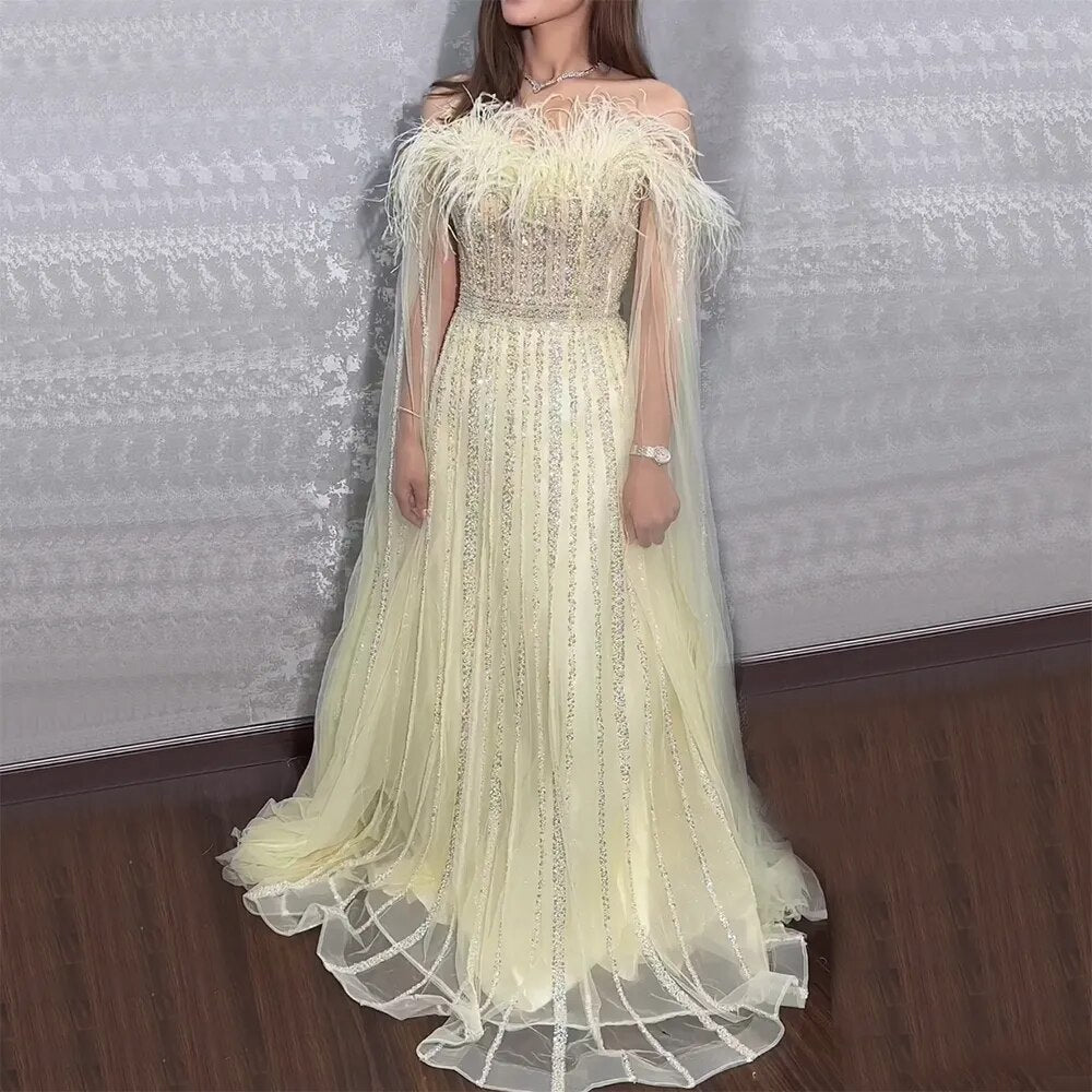 Elegant Yellow A-Line Cape Sleeve Beaded Feather Evening Gown for Women - Arabic Long Dress for Wedding, Party & Special Occasions | LA72190 | Perfect for Formal Events, Red Carpet & Evening Galas