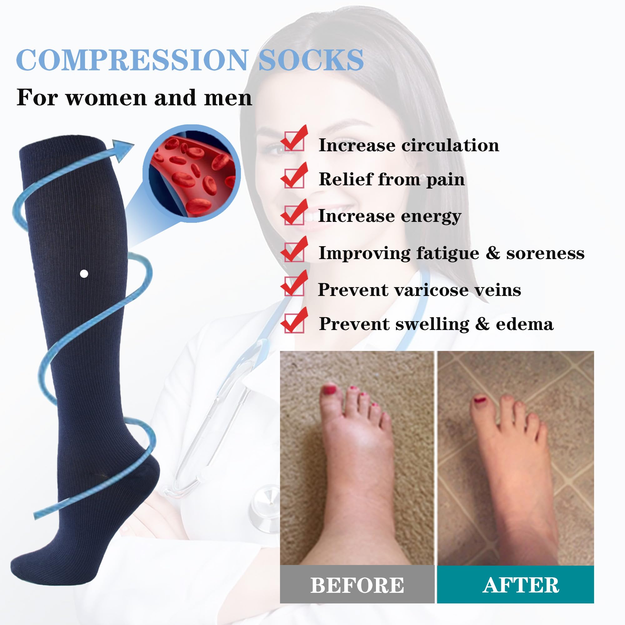 6 Pairs Compression Socks for Women & Men - 20-30 mmHg Medical Grade Support for Running, Cycling, Hiking & Recovery - Improve Blood Circulation & Reduce Swelling - Perfect for Athletes, Travel & Long Work Shifts