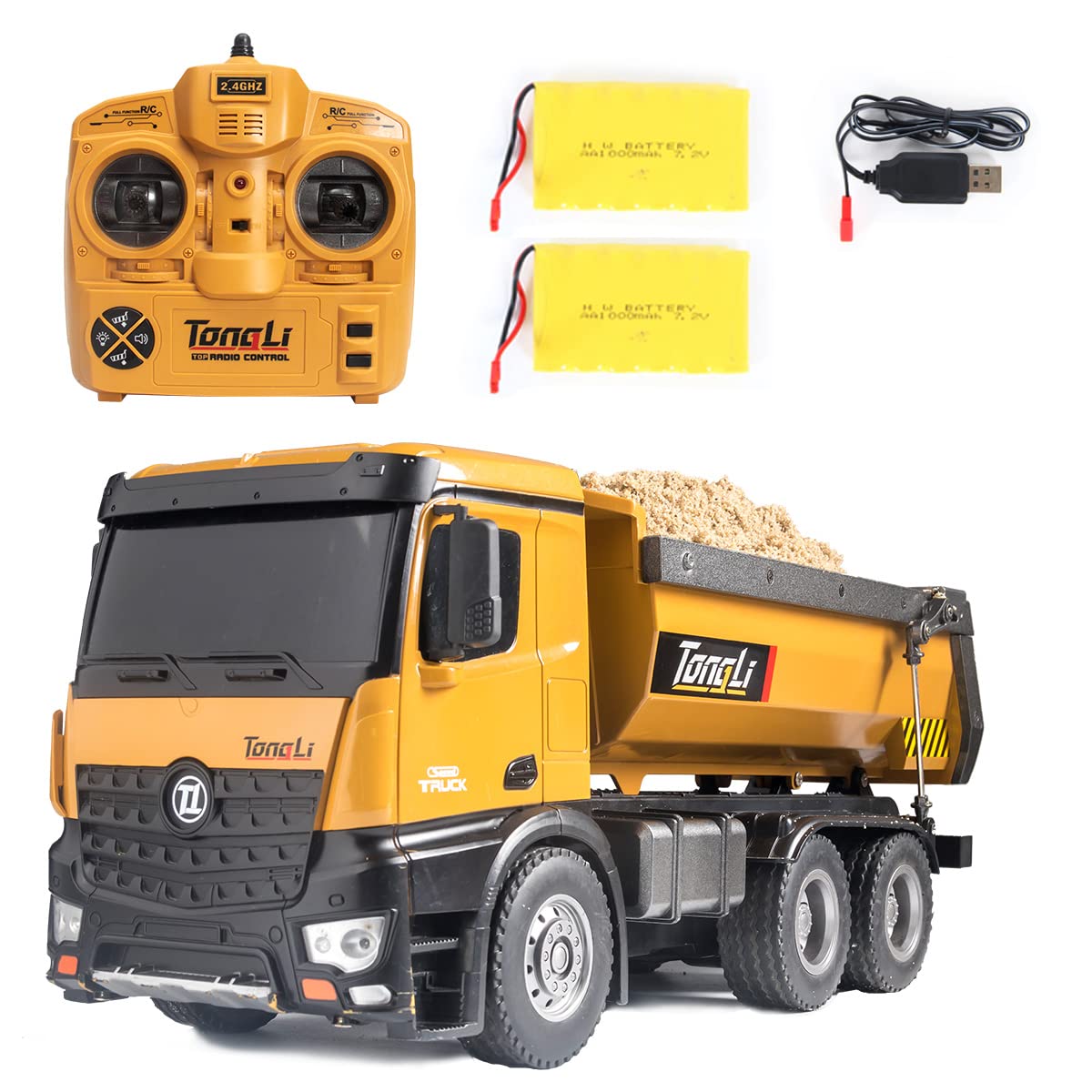 TongLi 1573 RC Dump Truck - 1:16 Scale Remote Control Construction Vehicle Toy with LED Lights & Realistic Sound Effects, 2 Rechargeable Batteries - Perfect for Boys, Kids and Adults Outdoor Play, Birthday Gifts & Construction Site Simulation