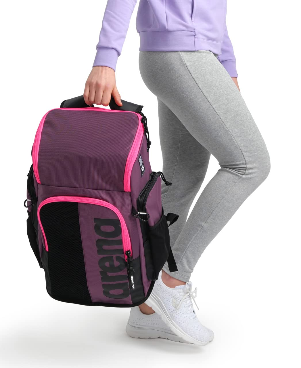 Arena Spiky III Backpack 45L - Large Waterproof Swim Bag for Men & Women - Gym & Sports Training Equipment - Durable Rucksack for Swimming Athletes - Plum/Neon Pink - Perfect for Pool, Beach & Travel
