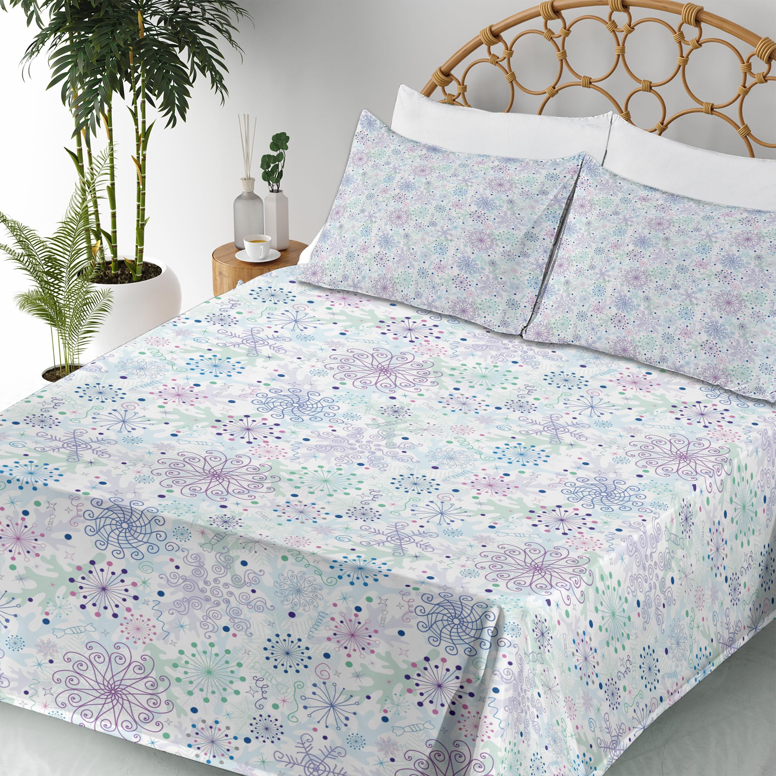 Ambesonne Winter Sheet Set - Pastel Abstract Snowflakes & Curls 4-Piece King Size Bedding (Fitted Sheet, Flat Sheet, 2 Pillowcases) - Blue Green Lavender - Cozy Warm Bedroom Decor for Cold Nights