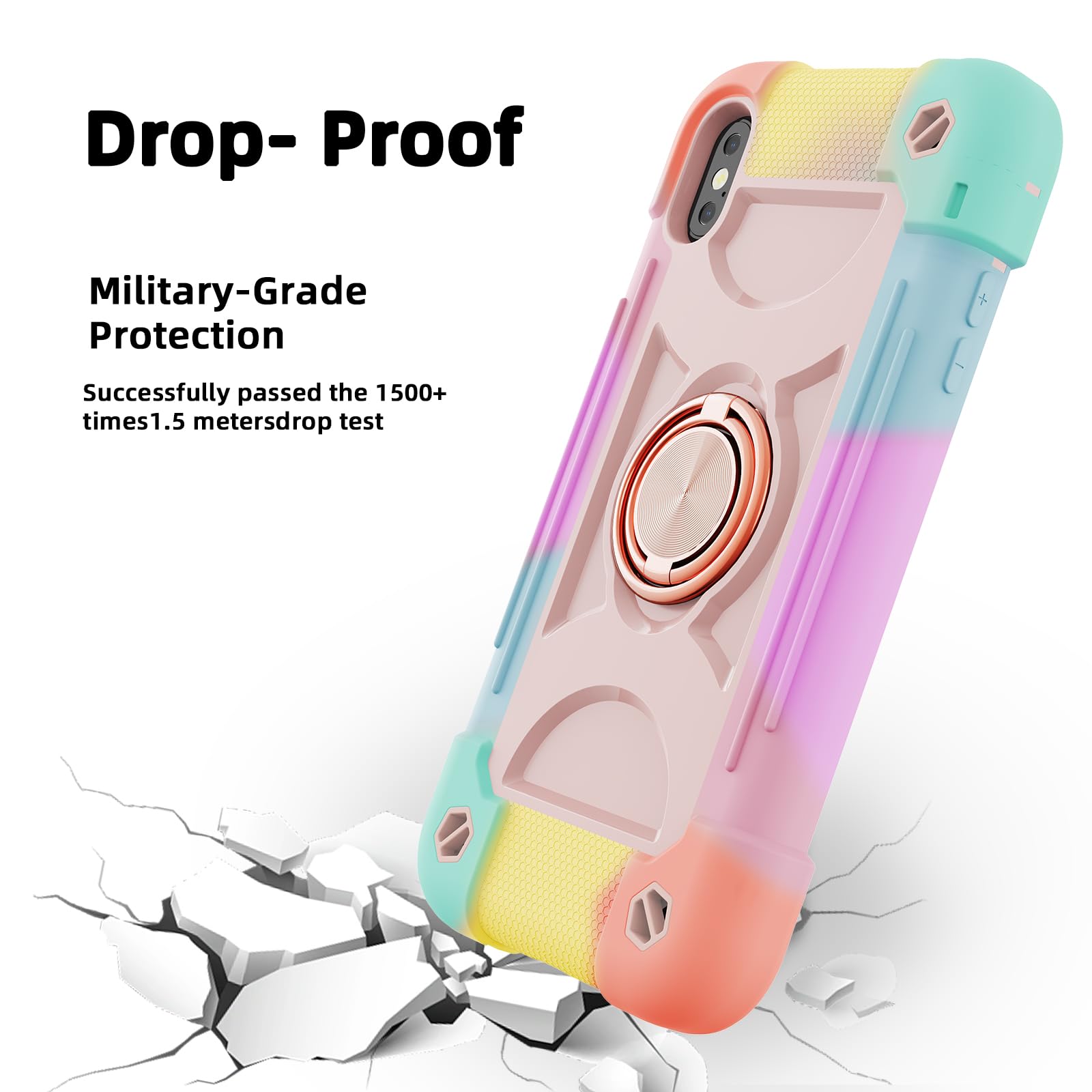 MARKILL Military Grade Shockproof iPhone Xs Max Case 6.5 Inch with Ring Stand & Magnetic Car Mount | Heavy Duty Protective Phone Cover for iPhone Xs Max (Rainbow Pink) | Perfect for Outdoor Activities, Travel & Daily Use