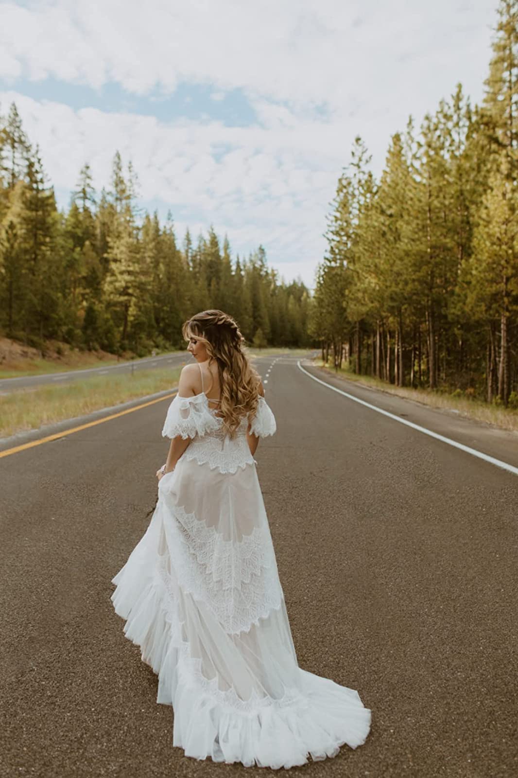 Elegant Boho Wedding Dresses for Women - Lace V-Neck Ruffled Sleeve Beach Wedding Gowns | Perfect for Outdoor, Garden & Destination Ceremonies