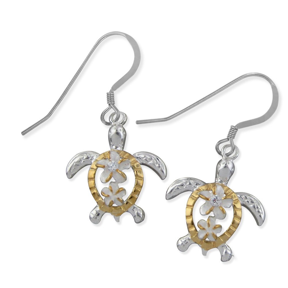 Sterling Silver Petroglyph Turtle Plumeria Dangle Earrings for Women - Hawaiian Style Handmade Jewelry - Perfect for Beach Vacations, Summer Parties & Boho Fashion
