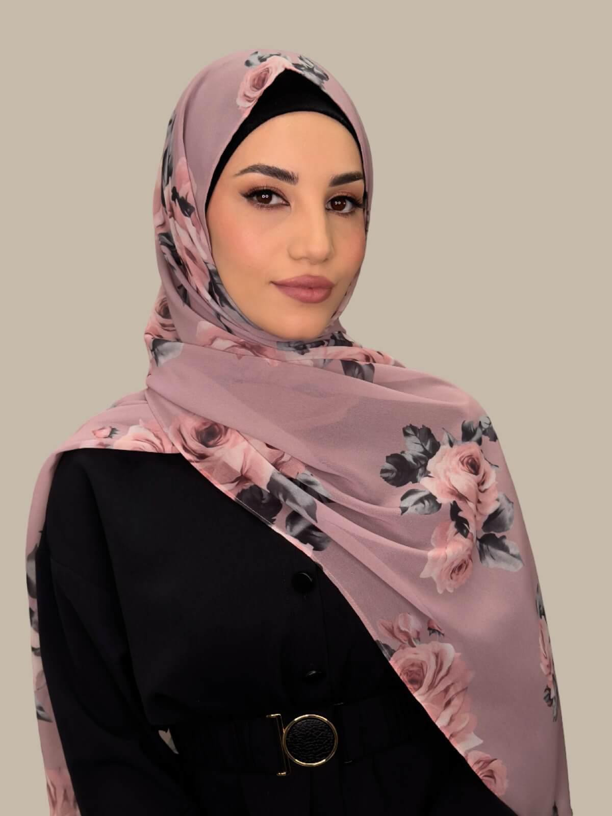 Printed Chiffon Hijab Scarf - Neutral Rosette Floral Design - Lightweight Muslim Headscarf for Women - Perfect for Daily Wear, Prayer & Special Occasions