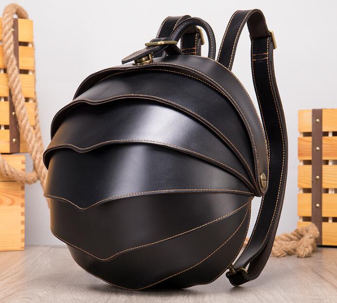 Stylish Round Black Leather Backpack for Women & Men - Vintage Waterproof Travel Backpack - Perfect for Work, School, Hiking & Daily Commute