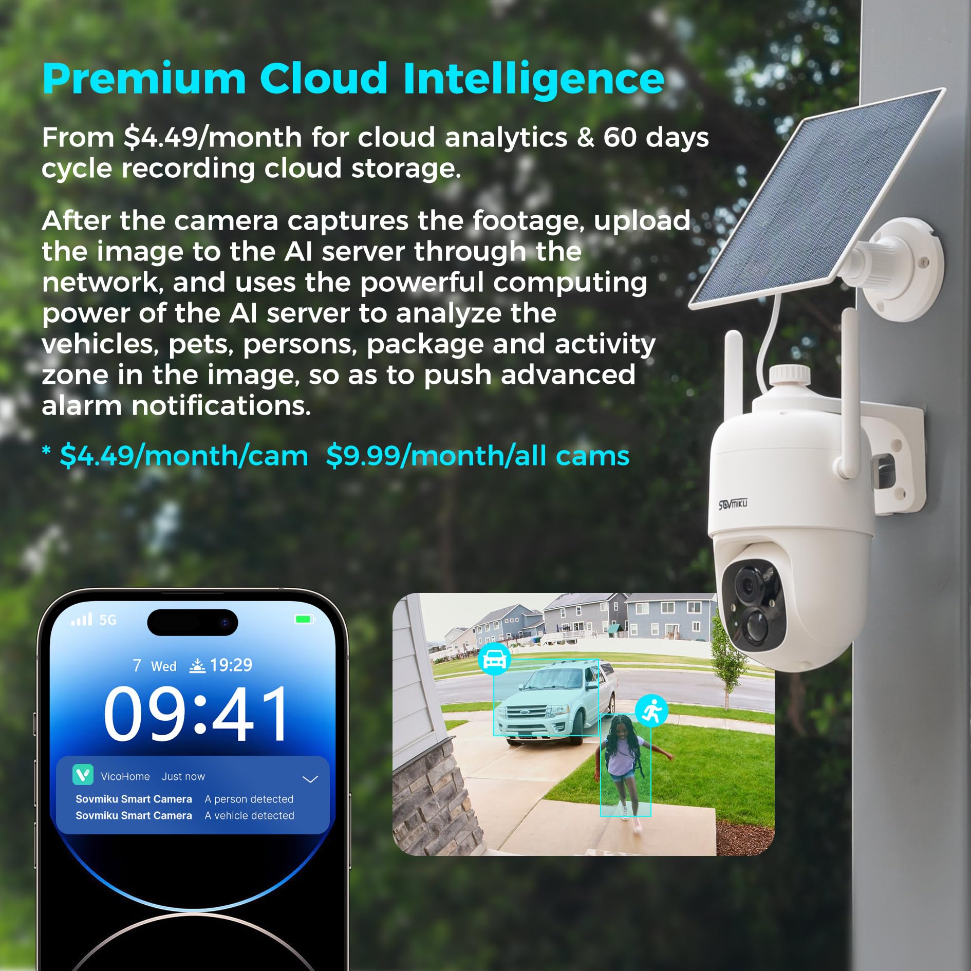 SOVMIKU 2CQ1 AI 2K Solar Wireless Outdoor Security Camera - Battery Powered, Two-Way Audio, Motion Detection, 360° View, Color Night Vision, Easy Setup, Weatherproof - Ideal for Home, Garage & Backyard Surveillance