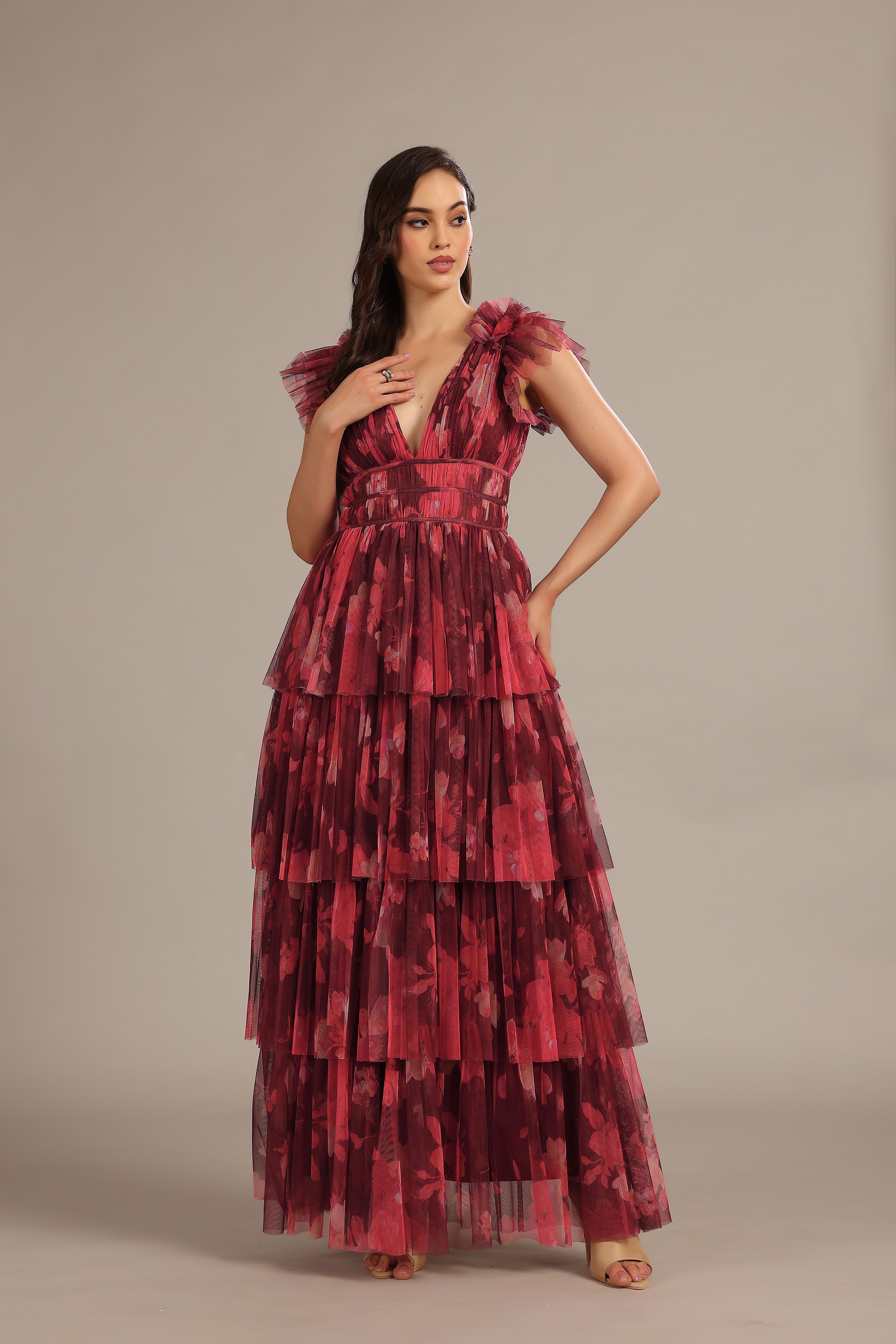 Naomi Women's Maxi Dress - Floral Print Deep Red Long Sleeve Boho Chic Summer Dress for Beach, Vacation & Date Night