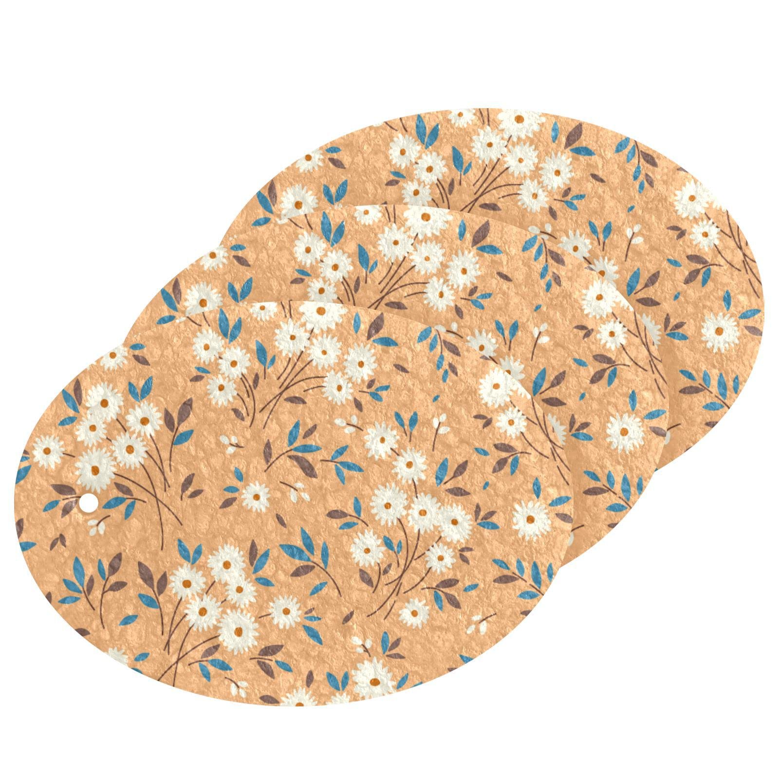 Floral Dish Scrub Sponges 3-Pack - Kitchen Cleaning Pads for Dishes & Household Use