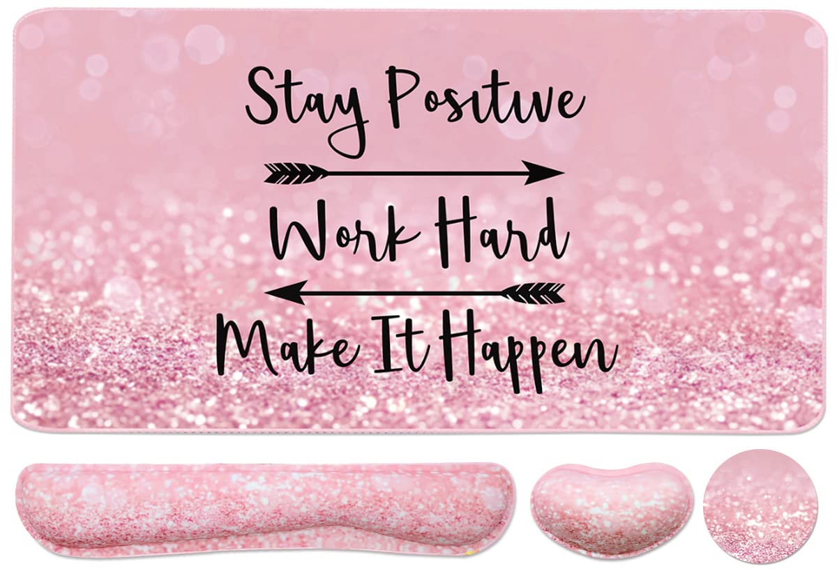 Ergonomic Keyboard and Mouse Pad Set with Memory Foam Wrist Rest - 35.4×15.7 Inch Extended Desk Mat for Comfortable Typing, Gaming & Office Work (3-Piece Set, Pink Stay Positive Design) - Perfect for Home Office, PC Gaming & Productivity Workspace