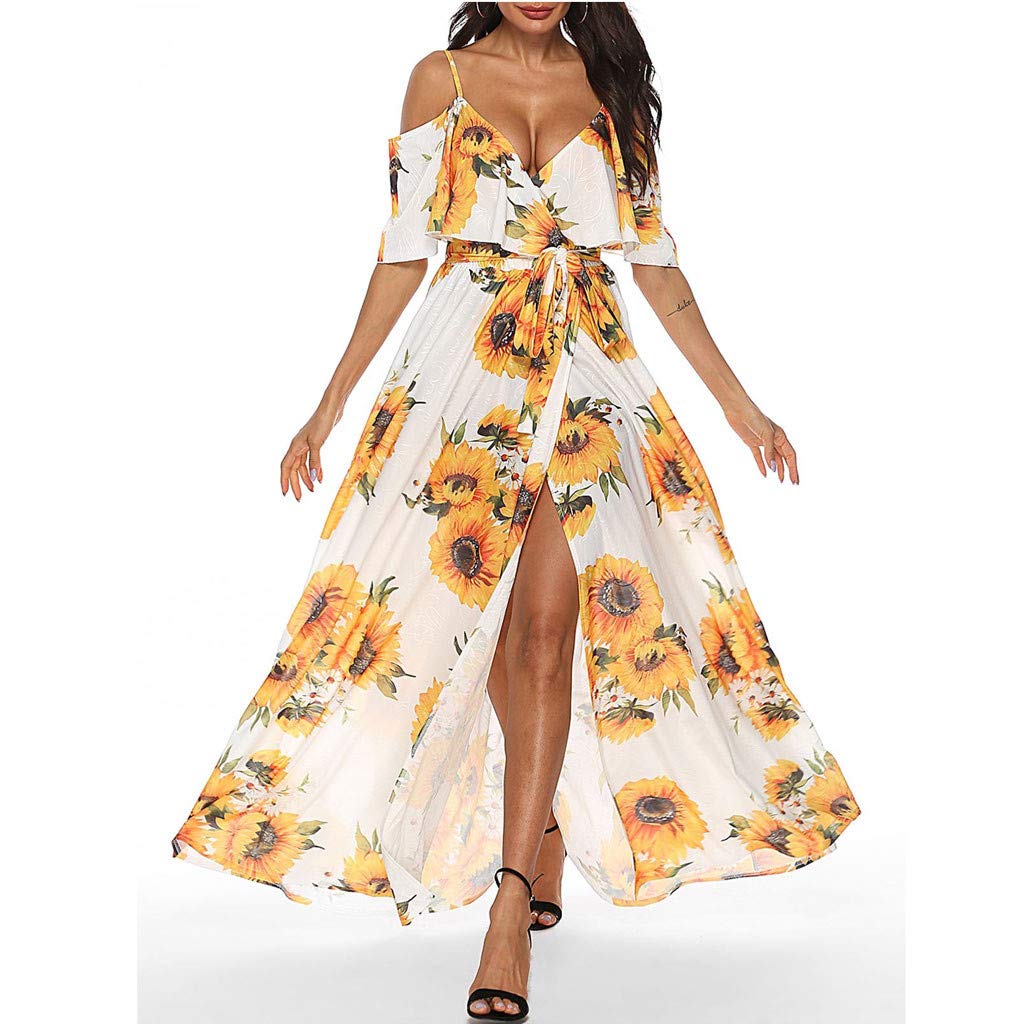 AIHIHE Women's Summer Spaghetti Strap Sundress - Casual Floral Maxi Dress with Belt, Backless Swing Design (White, Large) | Perfect for Beach Vacations, Date Nights & Summer Outings