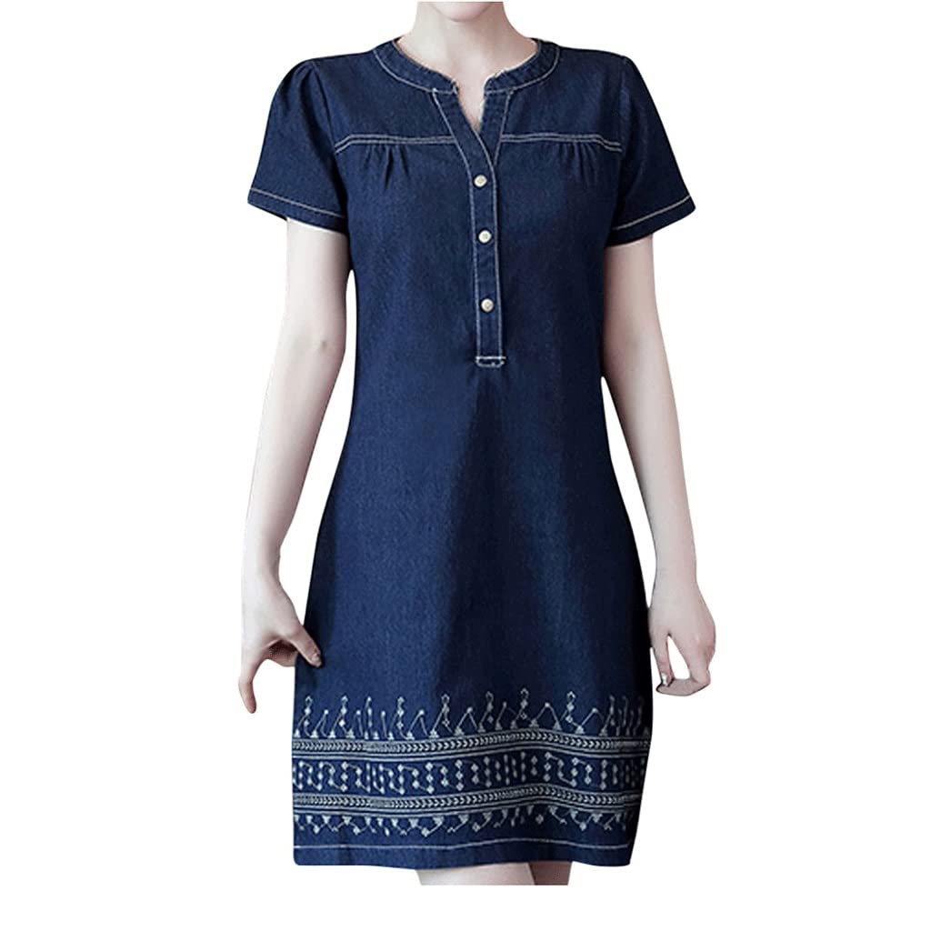 Women's Denim Dress - Summer Casual Loose Fit Short Sleeve Retro Jean Dress (Blue, XXXXXL) | Perfect for Beach Outings, Weekend Brunch & Vintage Style Fashion