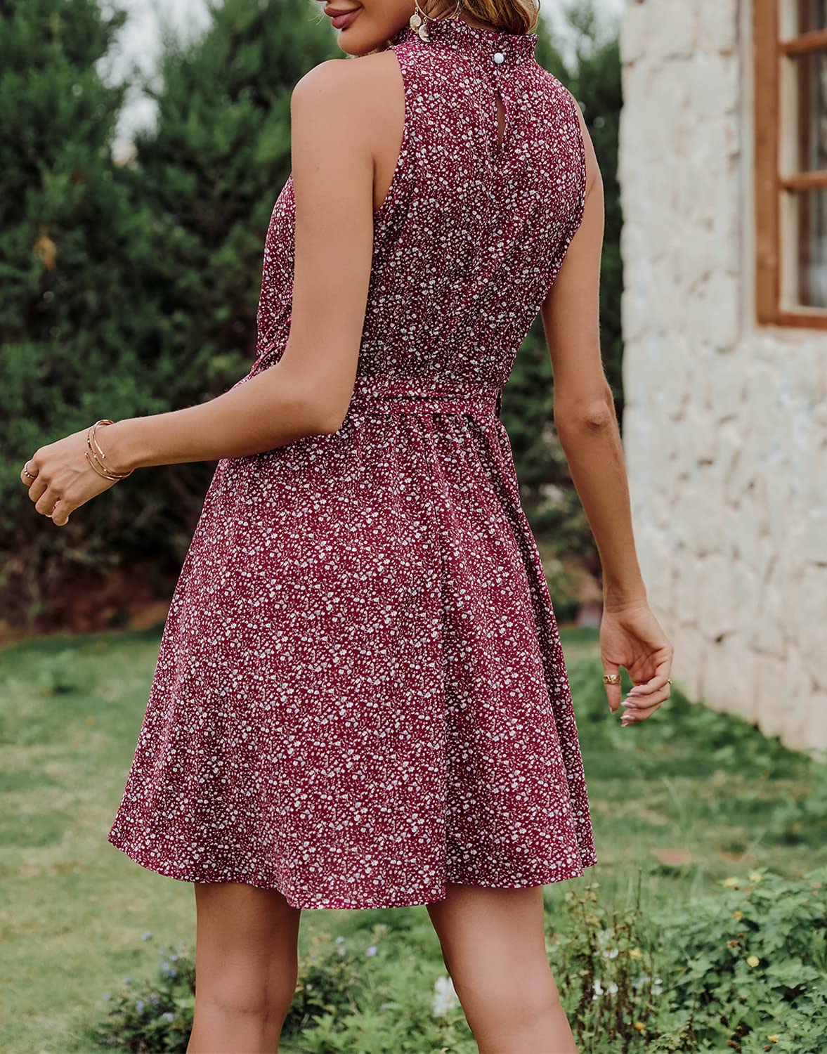 BTFBM Women's Floral Polka Dot Halter Neck Summer Dress - Sleeveless Boho Mini Dress with Ruffle Trim for Beach, Vacation & Casual Outings | Spring 2025 Fashion