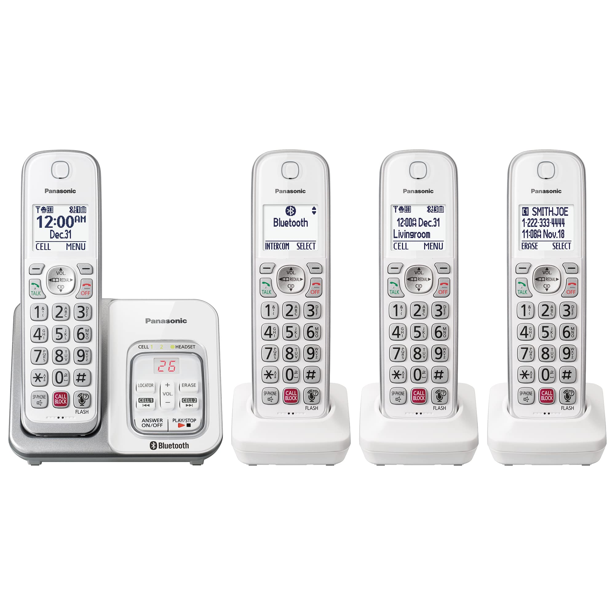 Panasonic KX-TGD864W Cordless Phone System - 4 Handsets, Answering Machine, Bluetooth Link2Cell, Voice Assistant & Call Blocking | Home & Office Communication Solution (White)
