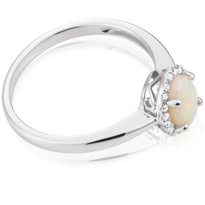 9ct White Gold 0.45ct Natural White Opal and Diamond Halo Ring - Elegant Engagement & Wedding Jewelry for Women