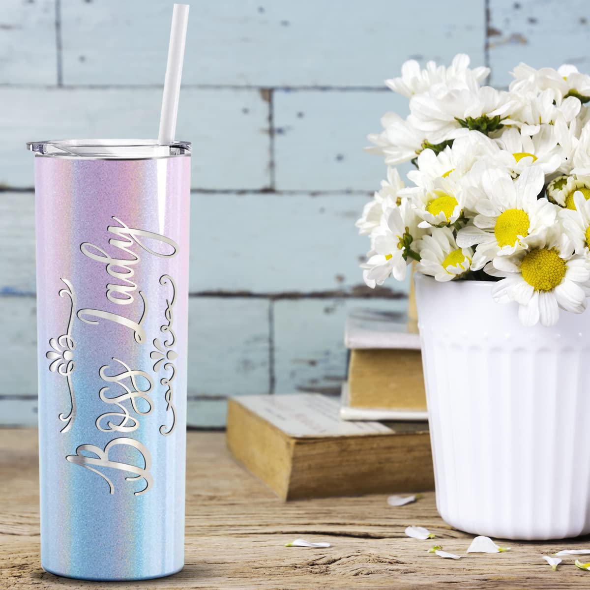 20 oz Insulated Stainless Steel Skinny Tumbler with Lid & Straw - Laser Engraved Boss Lady Design on Cotton Candy Glitter - Perfect Birthday Gift for Women, Office Boss Gifts | Great for Coffee, Iced Drinks & Workplace Hydration