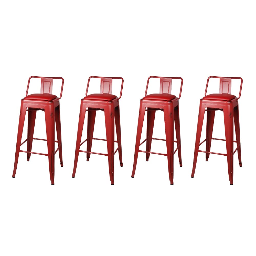 GIA 30-Inch Low-Back Bar Stool Set of 4 - Salmon Red with Red Vegan Leather Seat - Perfect for Kitchen Islands, Breakfast Bars & Home Decor