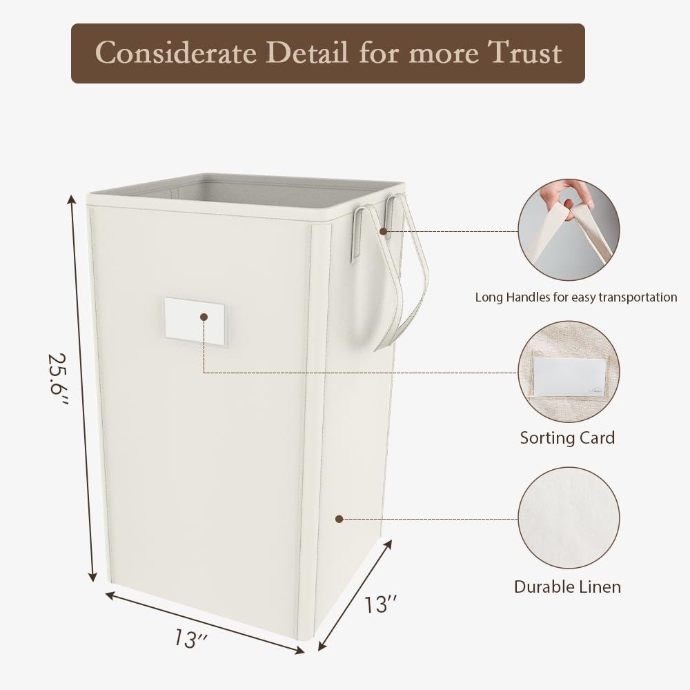 MCleanPin 210L Collapsible Laundry Hamper with 2 Washable Bags - Foldable Clothes Basket with Handles for Dorm, College & Home - Cream White - Perfect for Bedroom, Bathroom & Laundry Room Organization