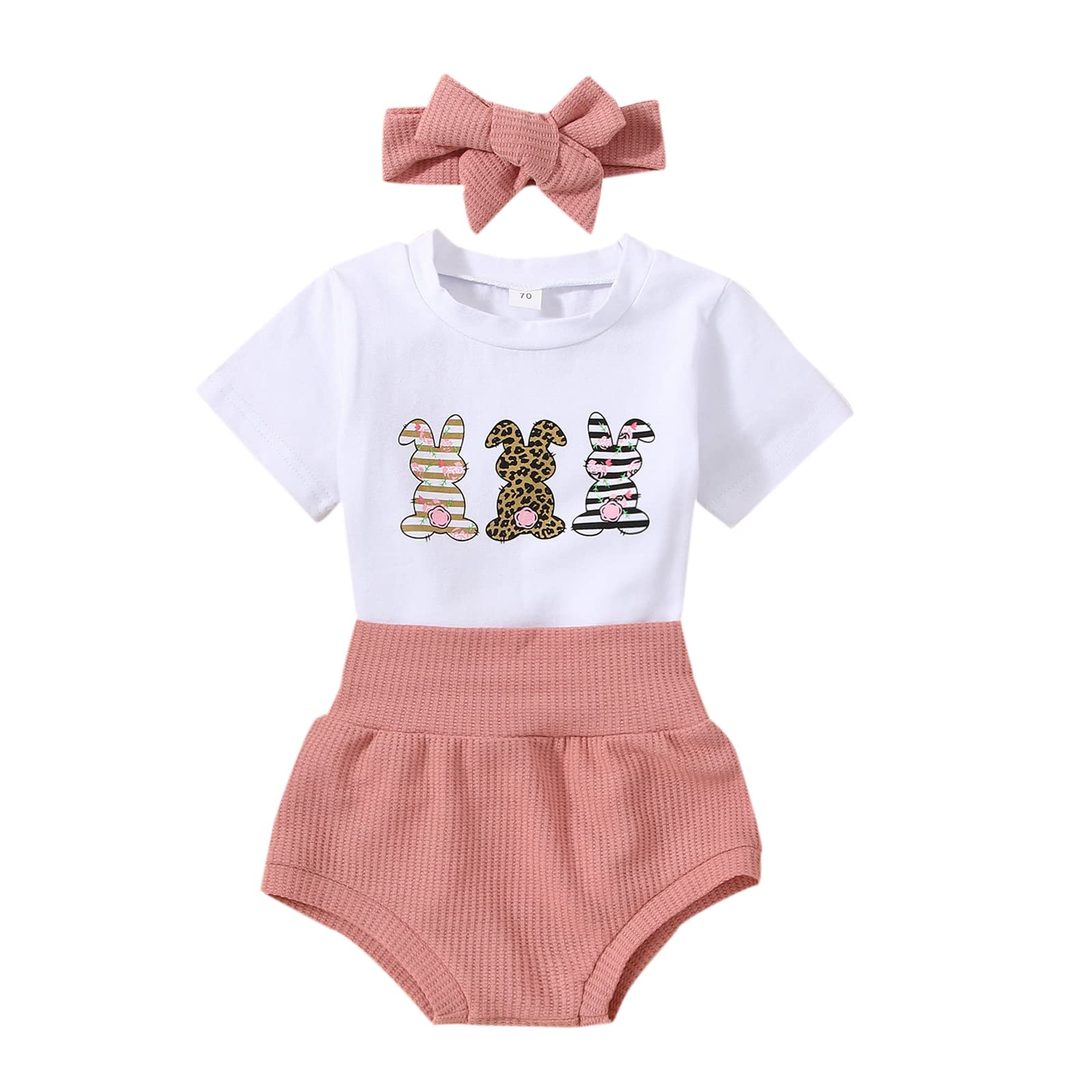 3Pcs Newborn Baby Girl Easter Outfit - Bunny Romper Bodysuit with Short Sleeves, Waffle Shorts & Headband Set - Perfect for Easter Photos, Spring Celebrations & Family Gatherings