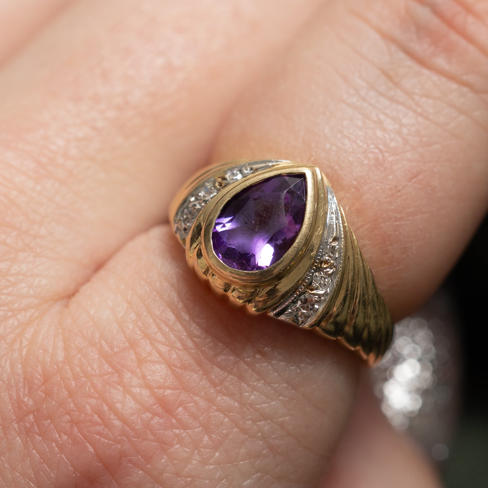 Exquisite Bezel Set Pear Shaped Amethyst & Diamond Ring - 1.20ct Amethyst with 0.05ctw Diamonds - Size 6.5 - Elegant Jewelry for Engagement, Anniversary & Special Occasions