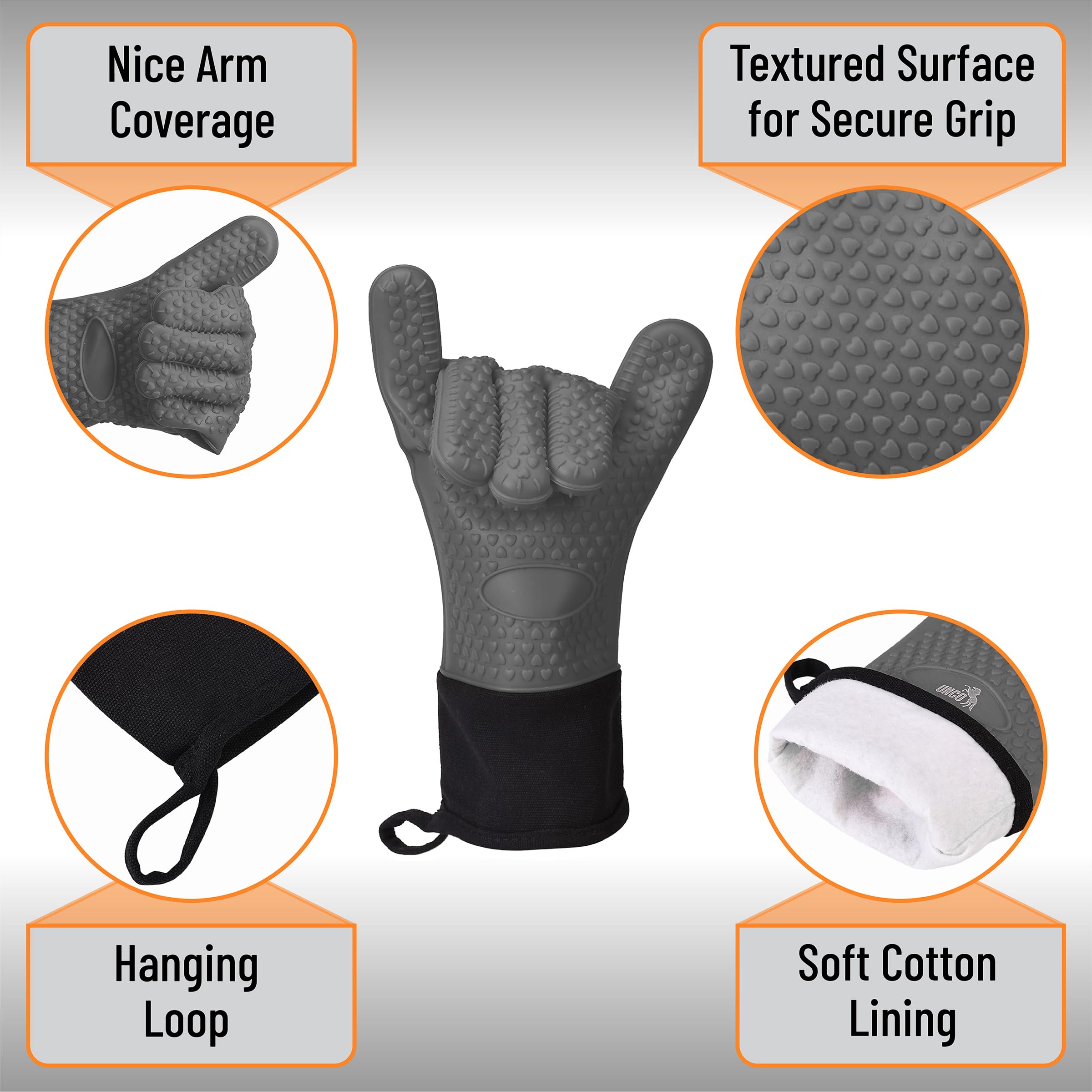 Heat Resistant BBQ Grill Gloves - Grey Silicone Oven Mitts for Grilling, Cooking & Baking - Perfect for Outdoor BBQ, Camping & Kitchen Use