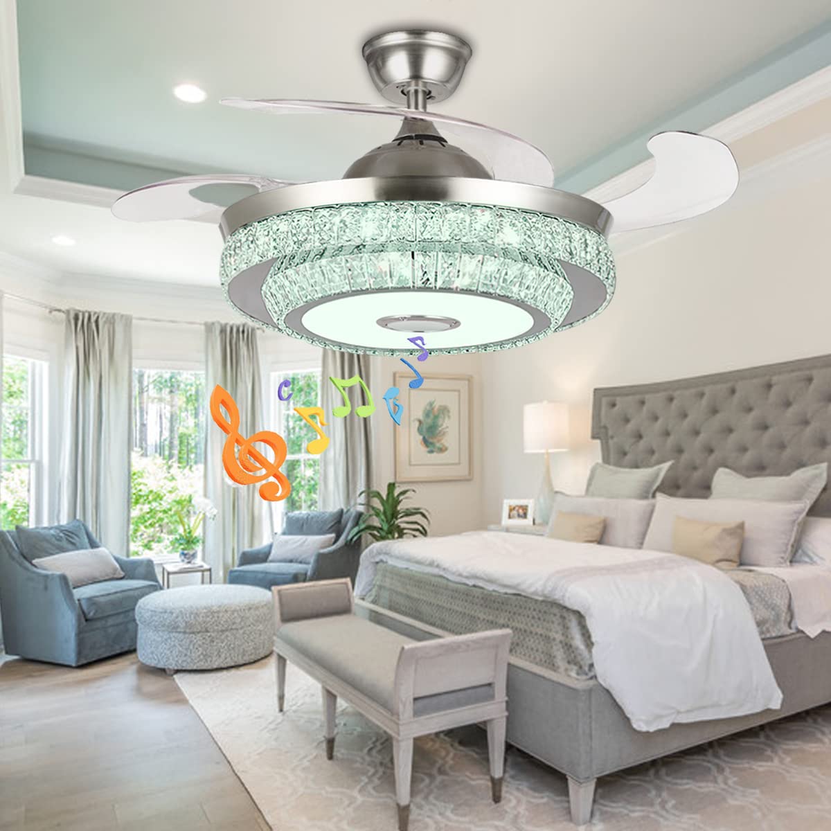 42 Inch Modern Retractable Crystal Ceiling Fan with LED Lights - Smart 7 Color Dimmable Chandelier & Bluetooth Speaker - Remote Control, Silent Motor - Perfect for Living Room, Bedroom, and Dining Room
