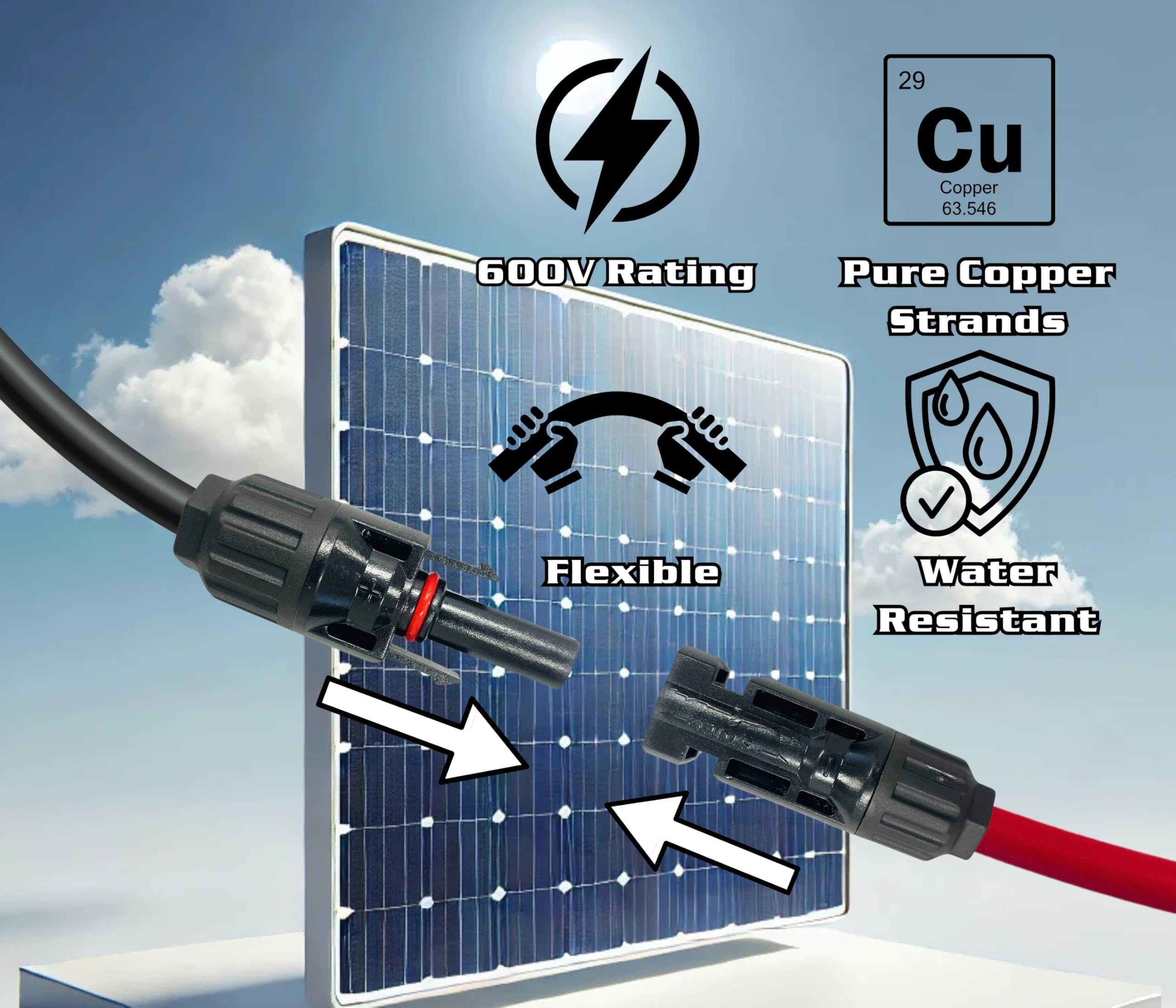 WindyNation 8 AWG 3ft Black + 3ft Red Solar Panel Extension Cable with PV Connectors - Premium 8 Gauge Photovoltaic Wire for RV, Boat & Off-Grid Solar Systems (Multiple Length Options)