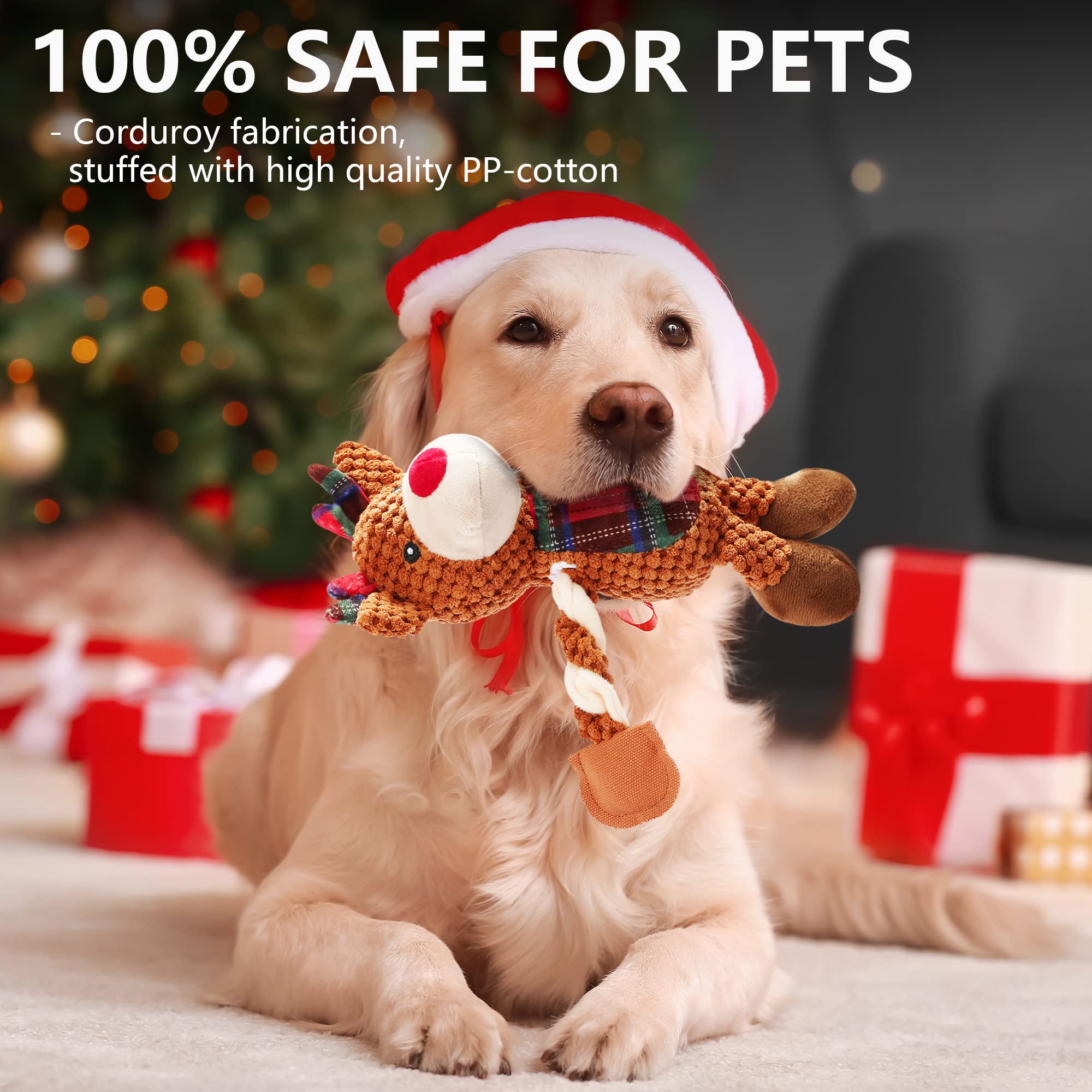 Senneny Christmas Dog Toys - Reindeer Plush Squeaky Chew Toys for Small Medium Large Dogs | Durable Interactive Pet Toy with Classic Red Green Tartan Plaid | Perfect for Holiday Playtime, Training & Gifting