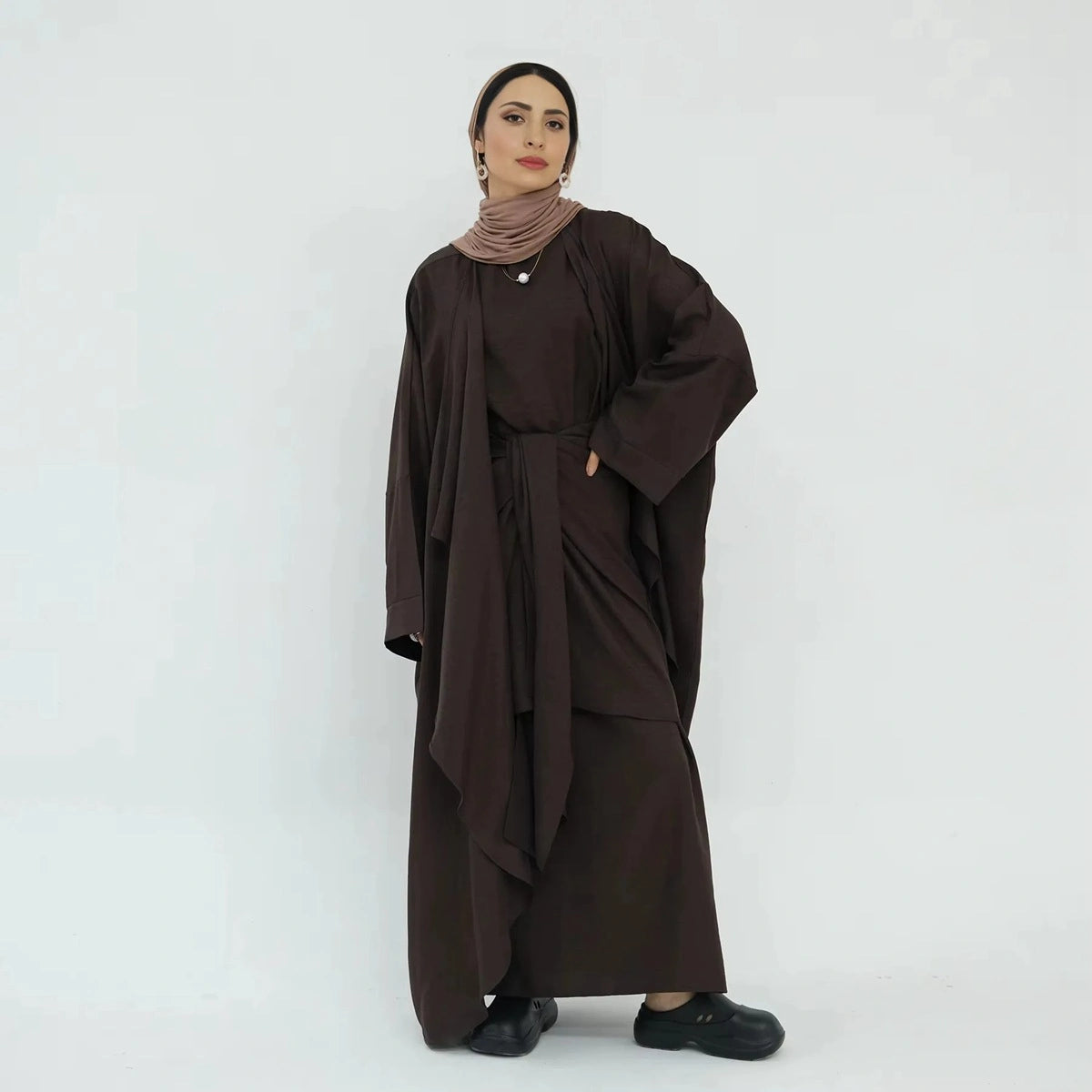 2-Piece Wrinkle-Free Open Abaya Dress Set with Inner Sleeveless Dress - Modest Muslim Fashion for Prayer, Eid, and Special Occasions
