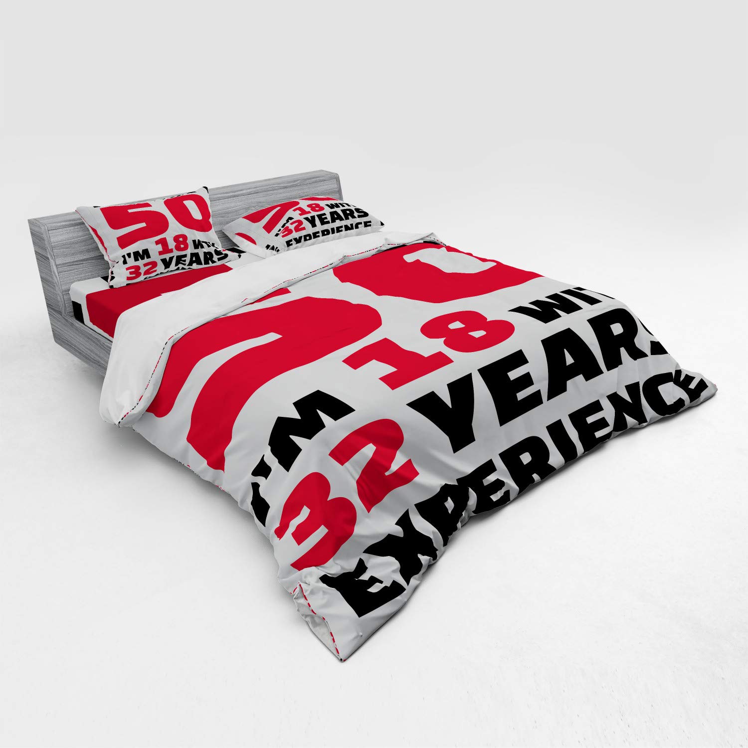 Ambesonne 50th Birthday Bedding Set - 'Forever 18' Age & Life Theme 4-Piece Duvet Cover with Shams & Fitted Sheet, King Size in Red Black White - Perfect for Milestone Celebrations & Adult Bedroom Decor