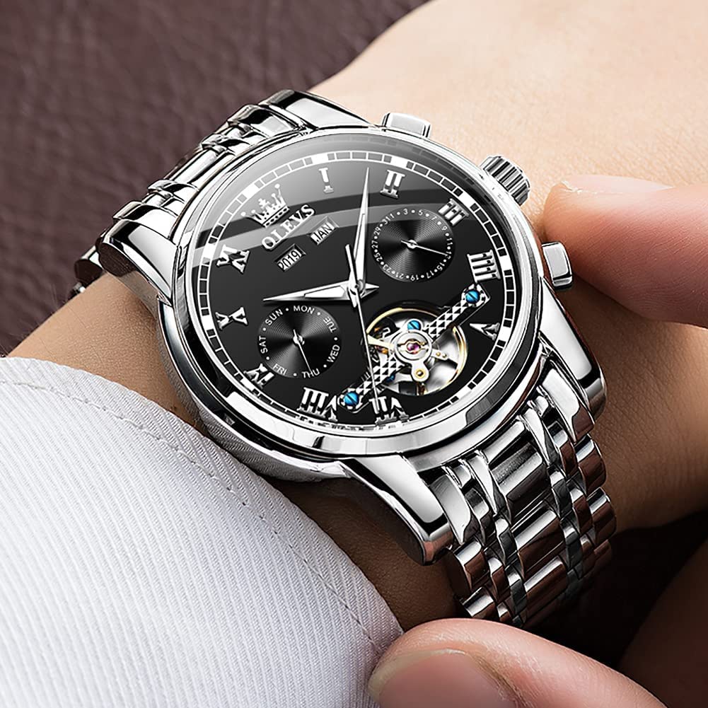 OLEVS Automatic Self-Winding Mechanical Watch for Men - Luxury Stainless Steel Business Chronograph with Multi-Calendar, Waterproof & Luminous Dial - Perfect for Office, Formal Events & Everyday Wear