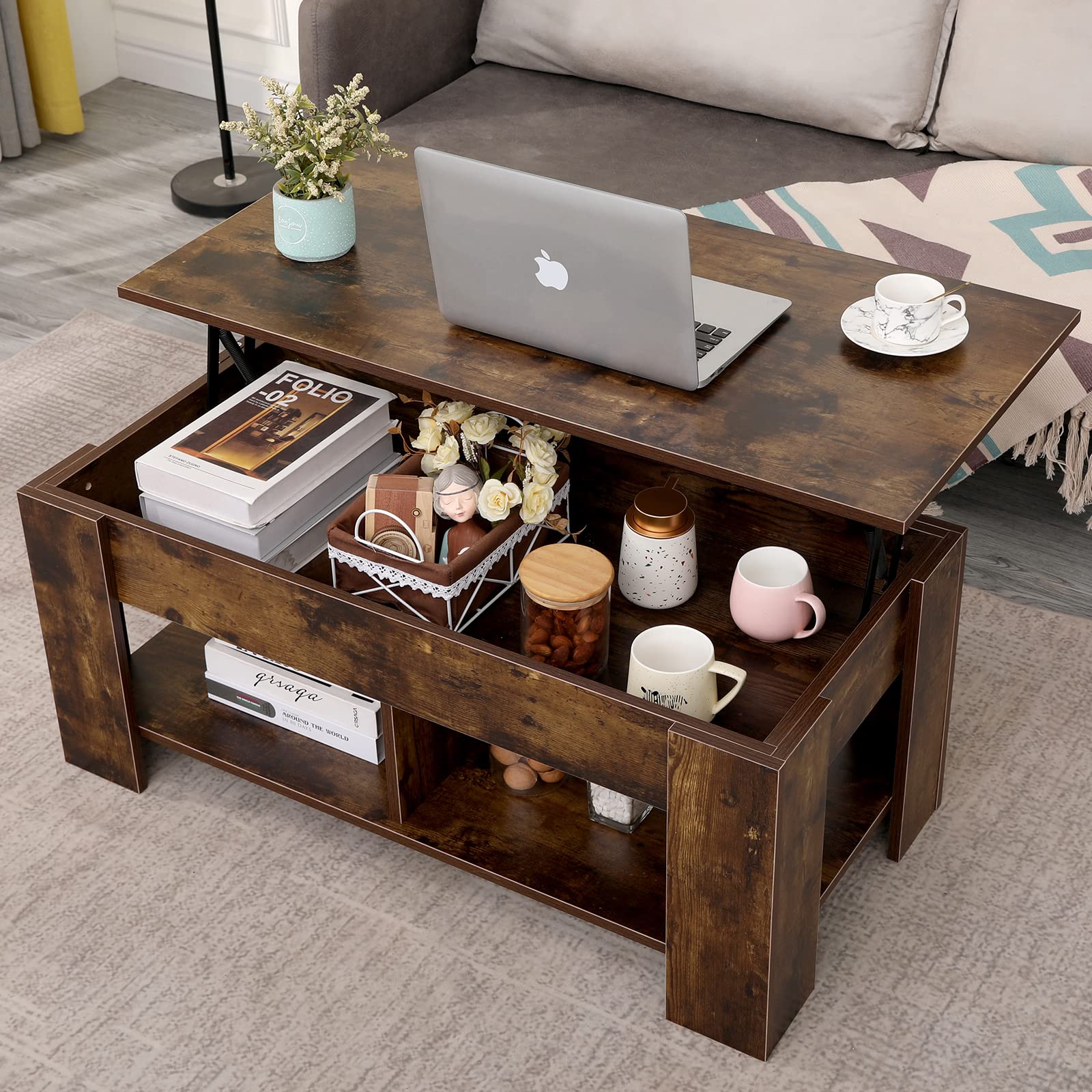 Modern Lift Top Coffee Table with Storage - 2 Open Shelves & Hidden Compartment - Solid Wood Lift Table for Living Room, Office & Reception Areas - Perfect for Small Spaces & Entertaining Guests