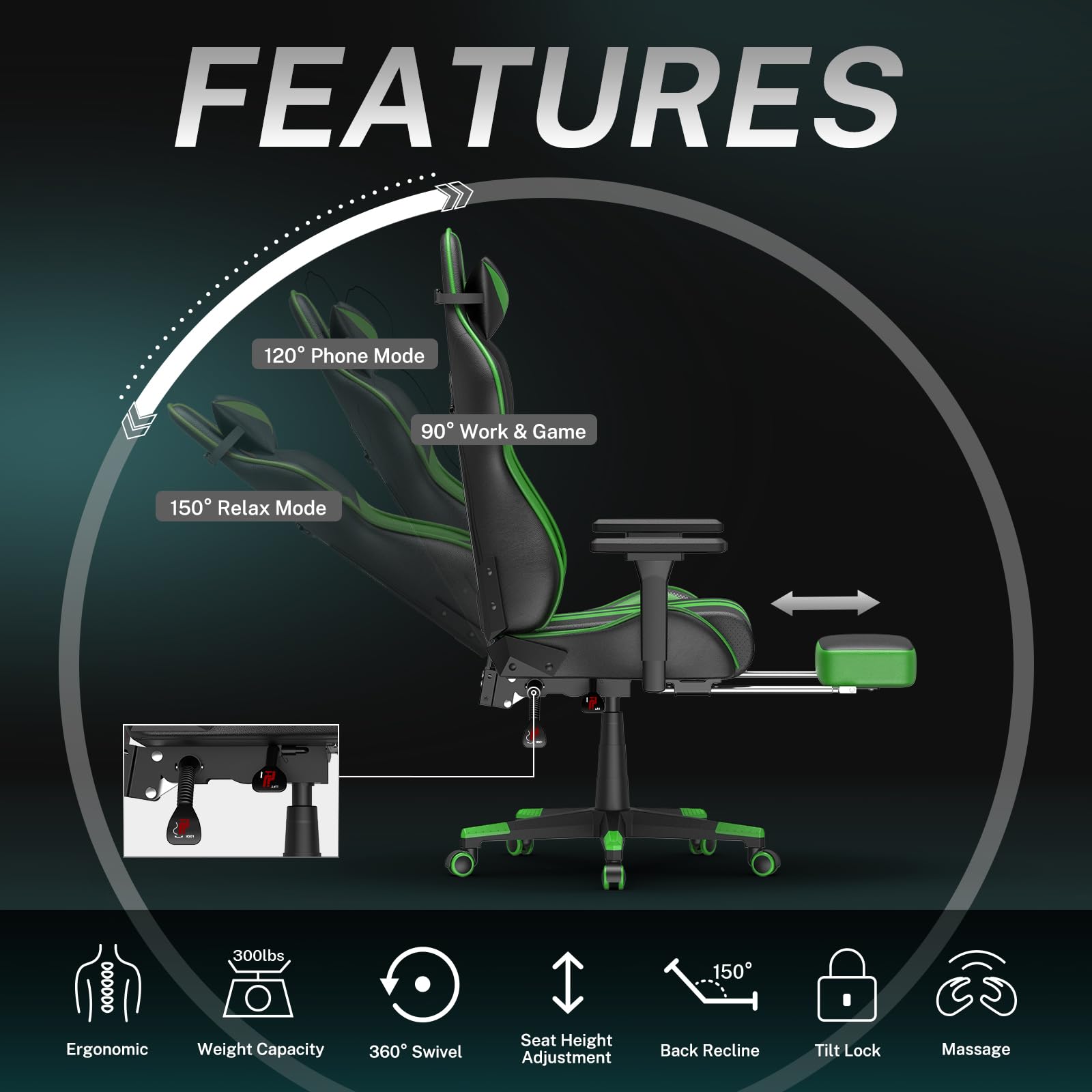 Soontrans Green Ergonomic Gaming Chair with Footrest - PU Leather Office Computer Chair with Adjustable Lumbar Support & Headrest for Adults - Perfect for Home Gaming Setup, Work from Home & Office Workspace