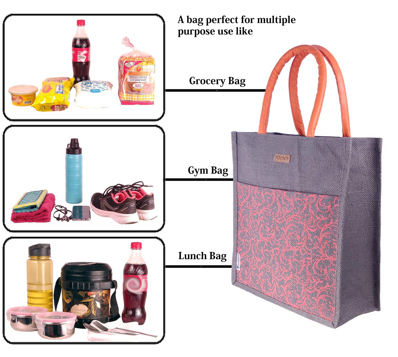 FOONTY Multicolor Tote Bag, Lunch Bag & Gym Bag - Durable & Stylish Carryall for Work, School & Travel (FFFWB6016B) | Perfect for Office, Gym, Beach & Everyday Use