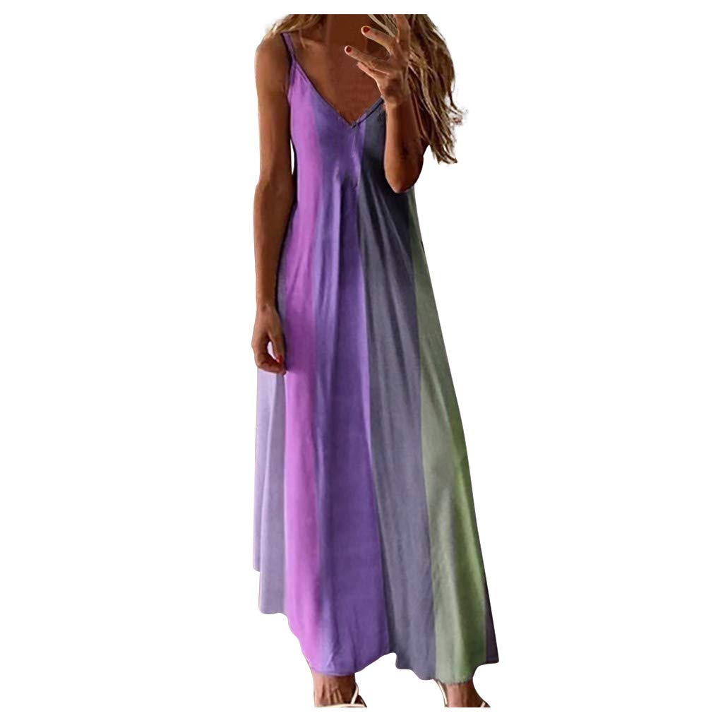 Women's Summer Tie Dye Maxi Dress - Colorful Sexy Sleeveless V-Neck Long Sundress for Beach, Party & Casual Wear | Split Hem Flowy Dress for Vacation, Date Night & Outdoor Events