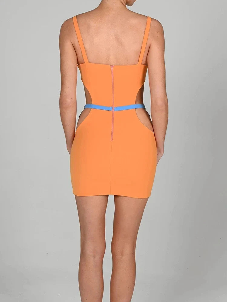 Articat Women's Orange Patchwork Hollow Out Maxi Dress - Elegant Metal Shell Spaghetti Strap Party Clubwear for Women | Perfect for Summer Beach Vacations, Evening Parties & Special Occasions